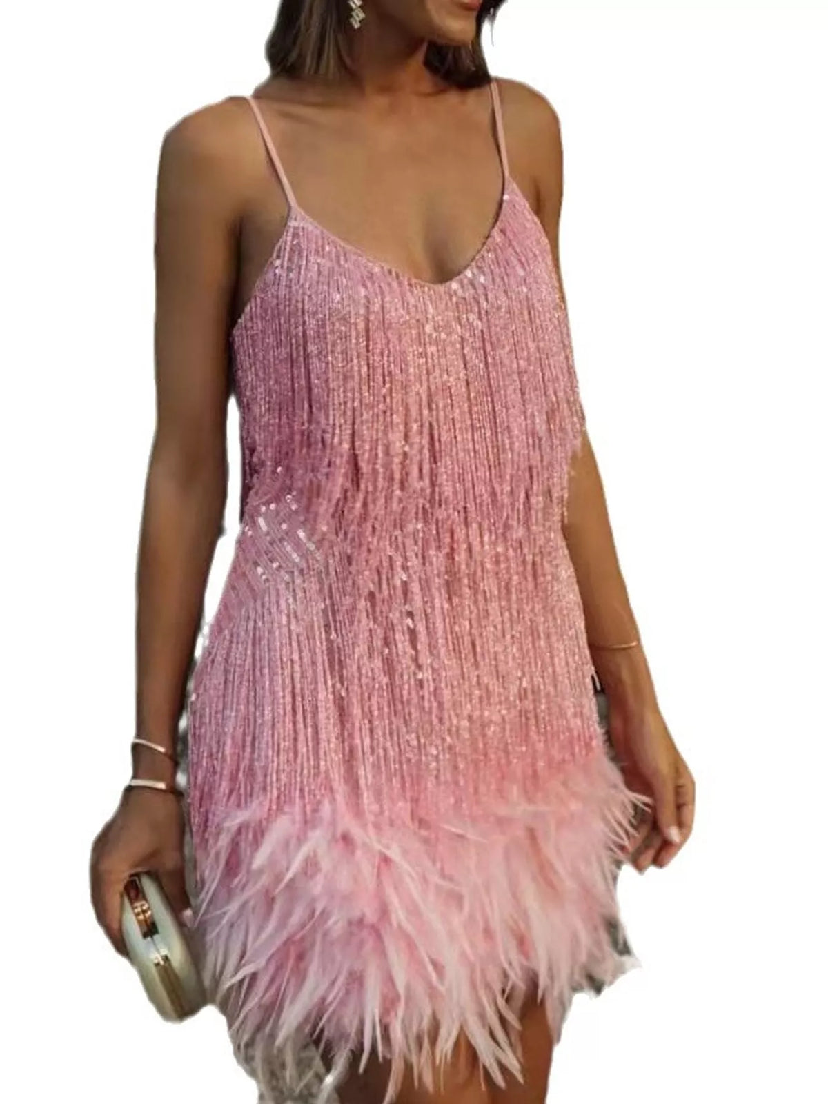 Pink feather fringe sequin mini dress, front view