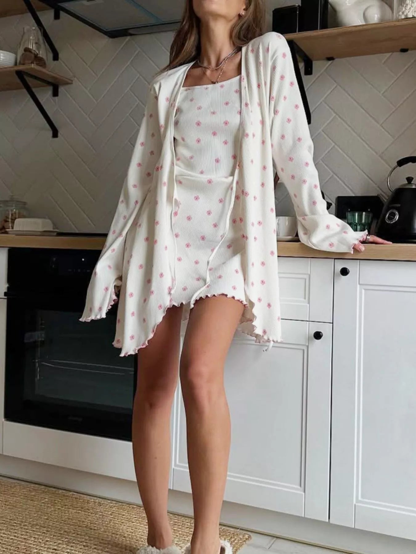 Trendsi Floral Print Cami Dress and Cardigan Lounge Set -