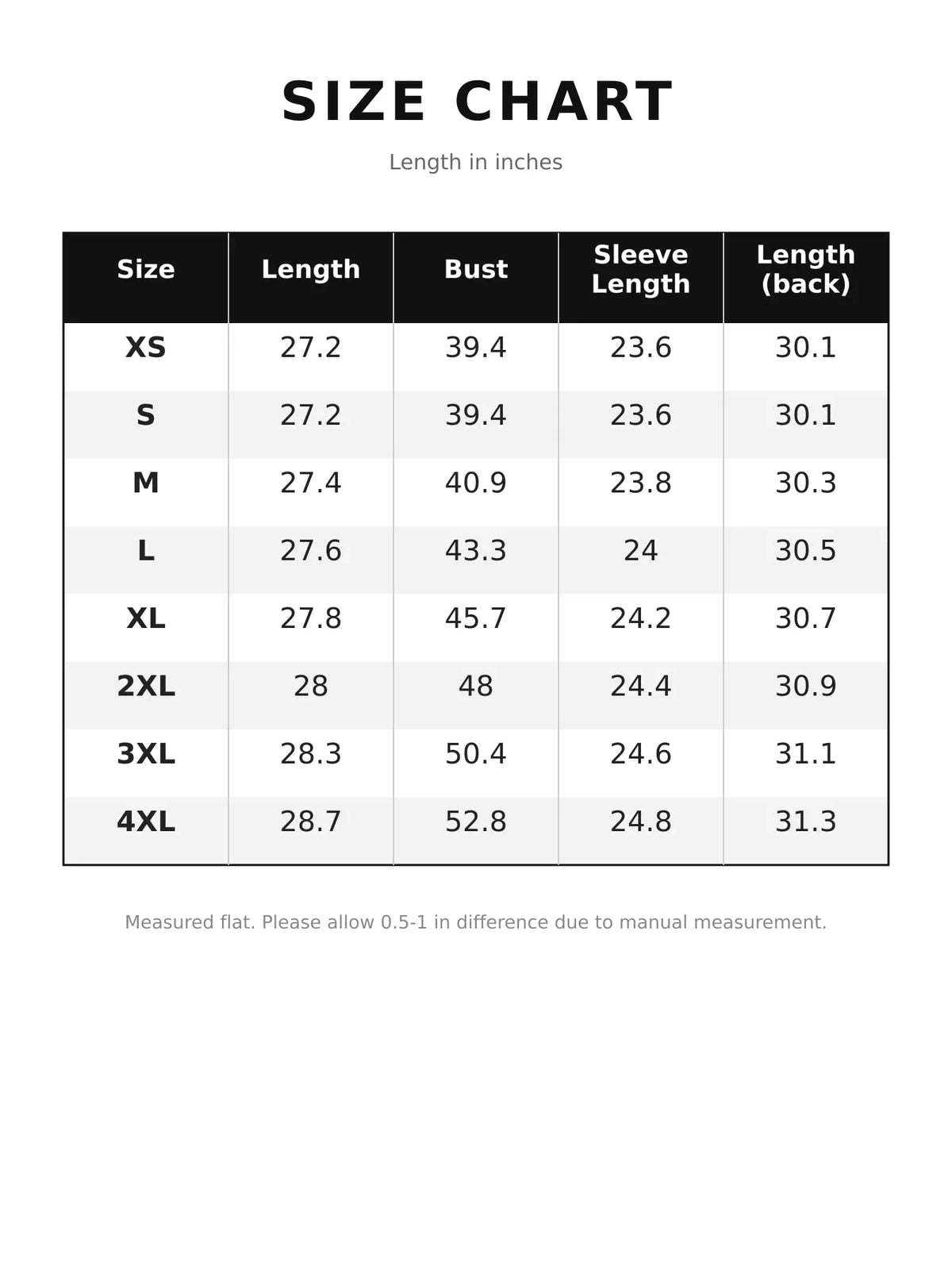 Striped long shirt, size chart