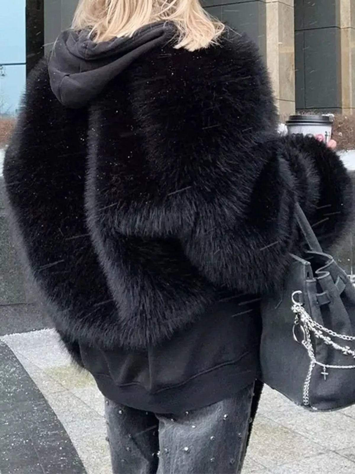 Faux Fur Cropped Coat, back view in black