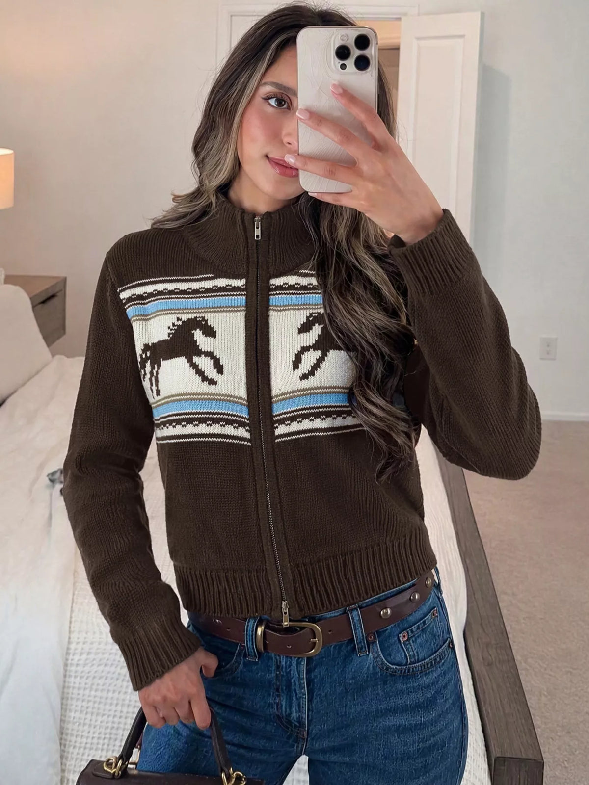 Brown horse zip-up cardigan, horse motif view