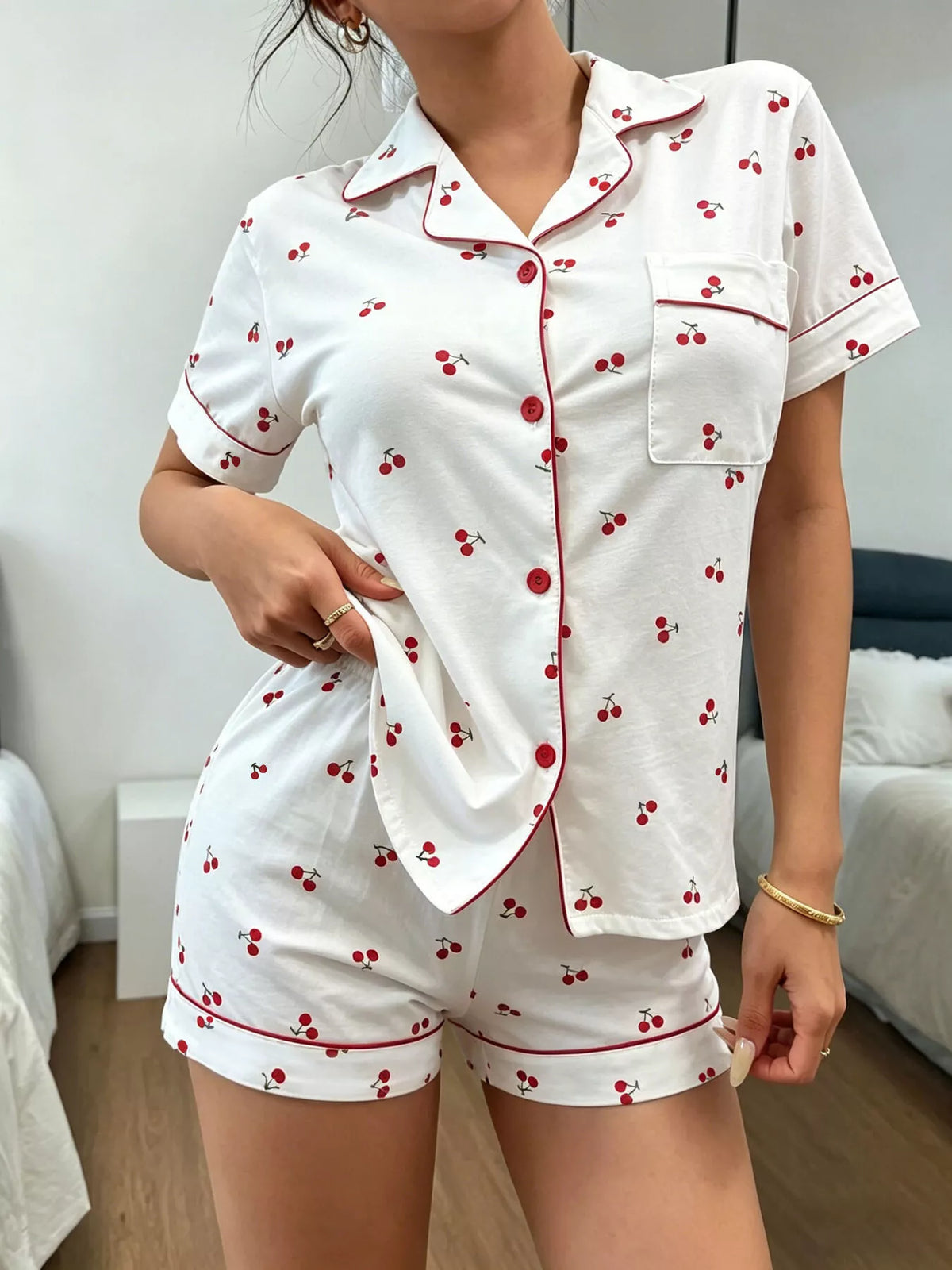 Trendsi Heart Print Button-Down Short Sleeve Top and Shorts Lounge Set -