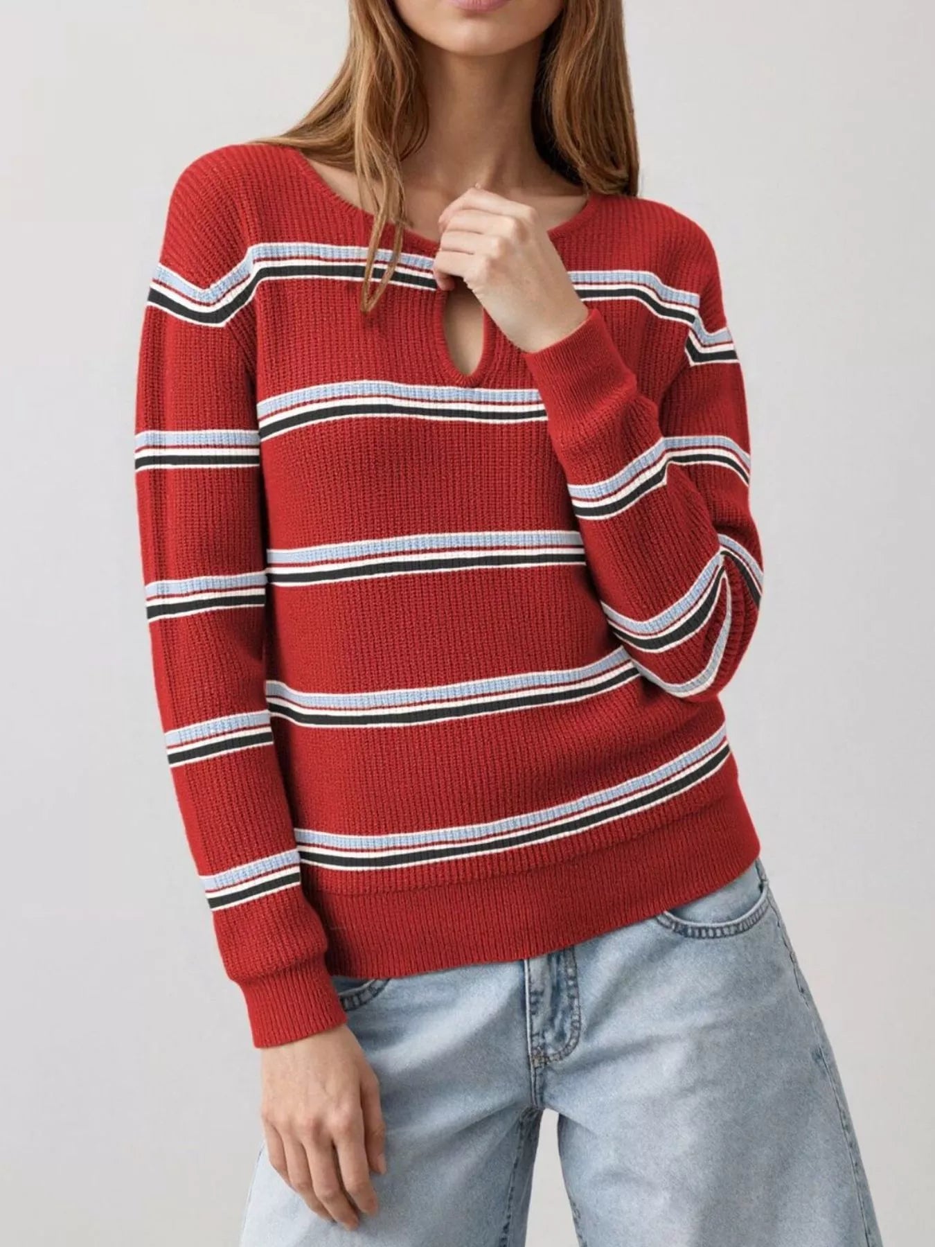 Trendsi Striped Ribbed Knit Top with Keyhole Neckline -