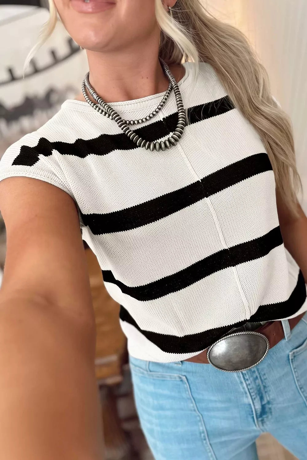Trendsi Stripe Knit Western Short Sleeve Sweater -