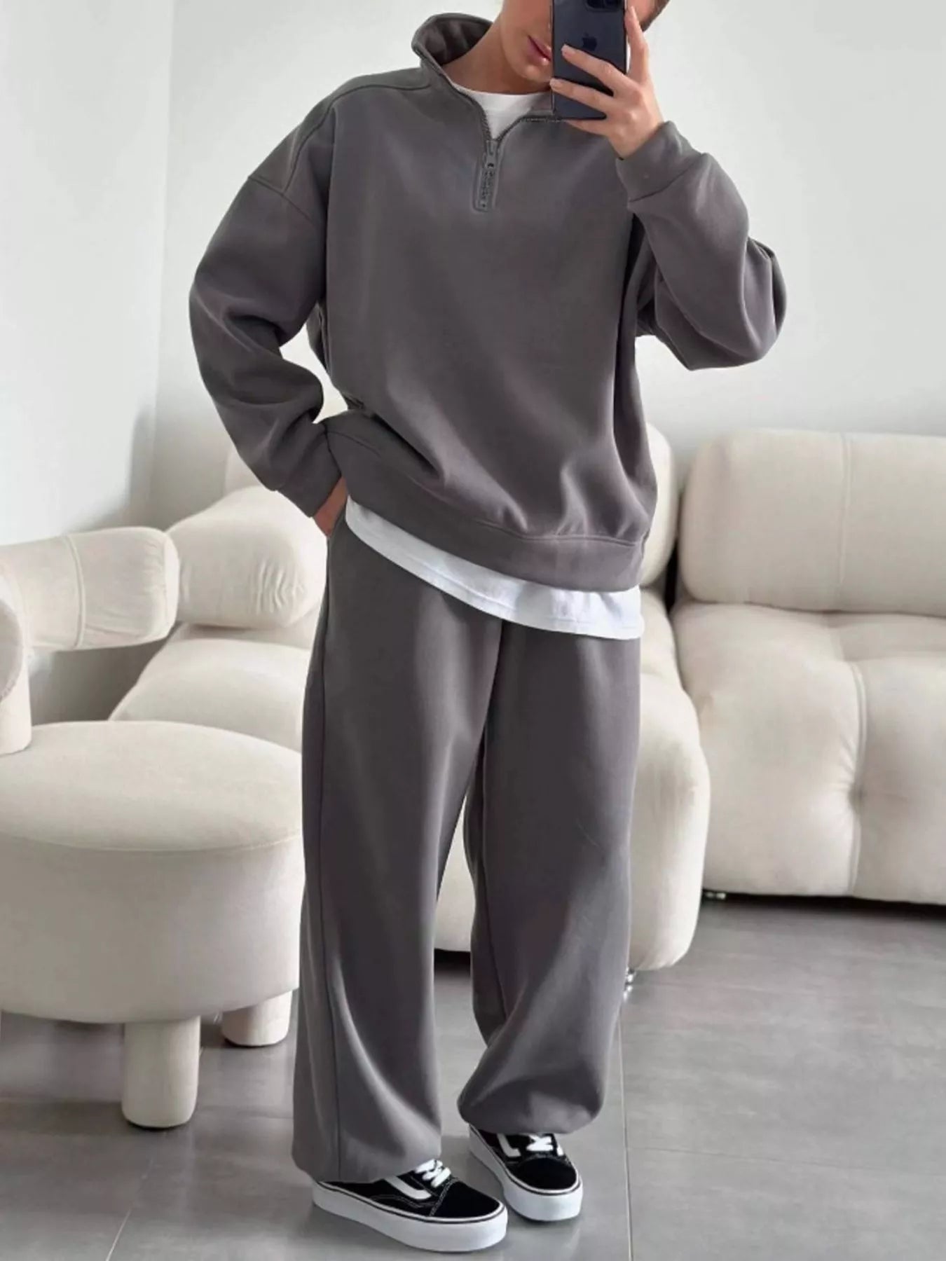 Trendsi Quarter-Zip Top and Wide-Leg Sweatpants Set -