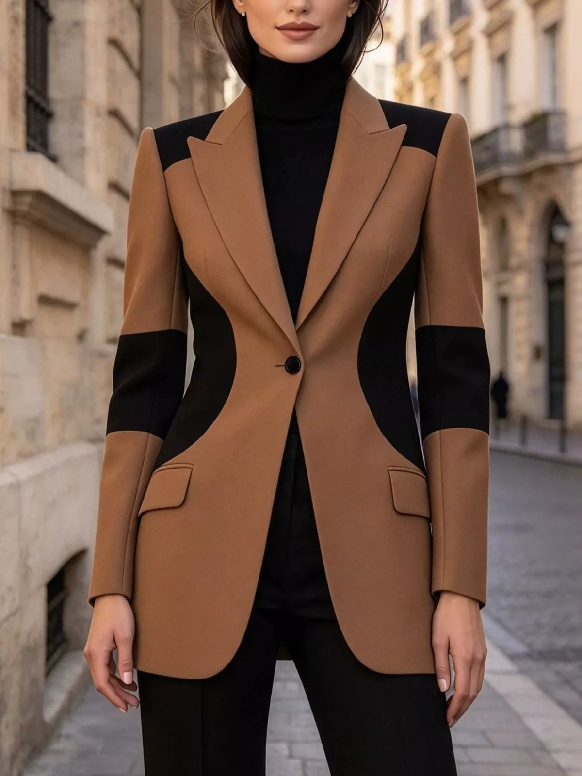 Brown color-block one button blazer