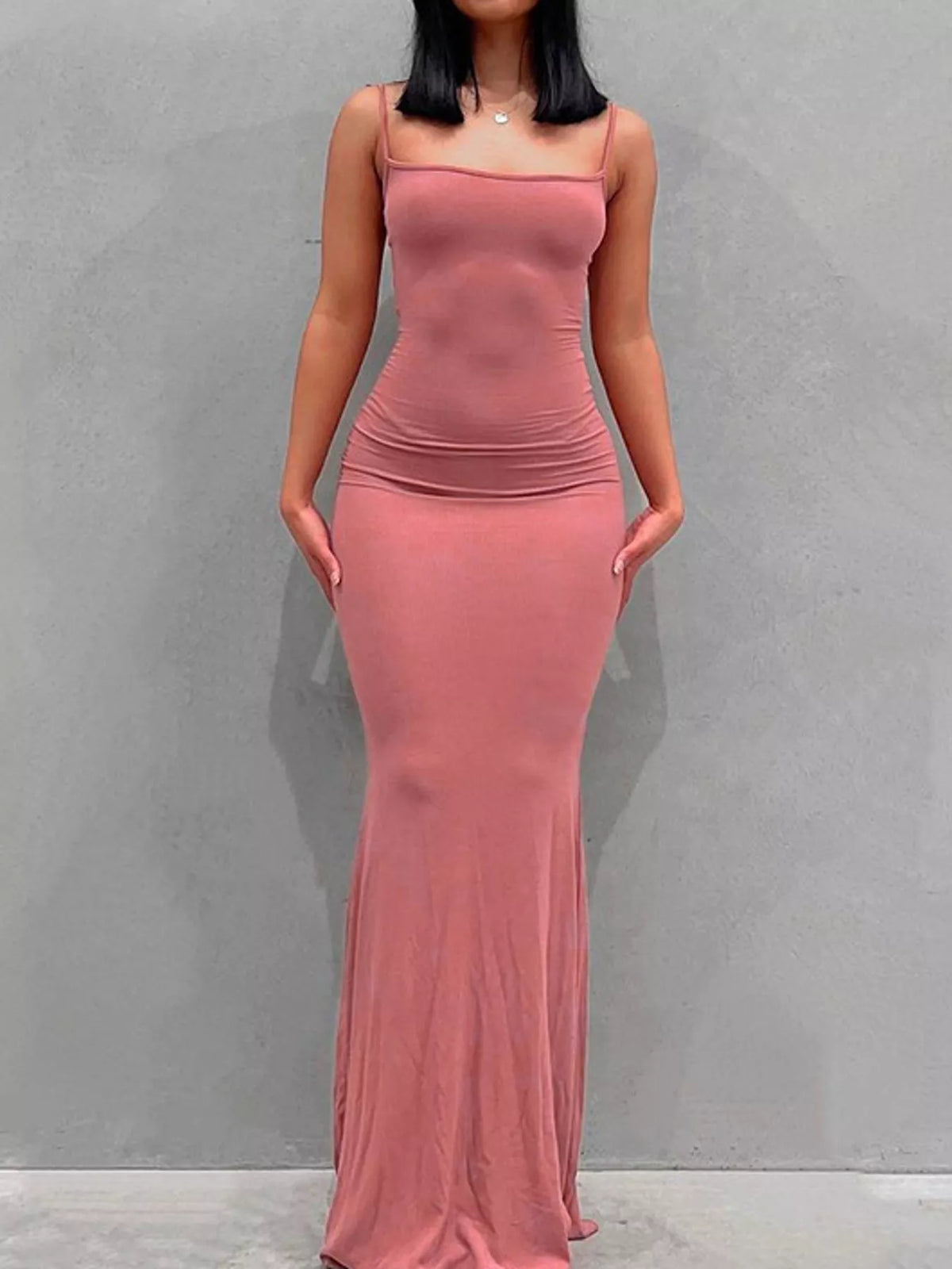 Square neck spaghetti-strap maxi dress, front view on model