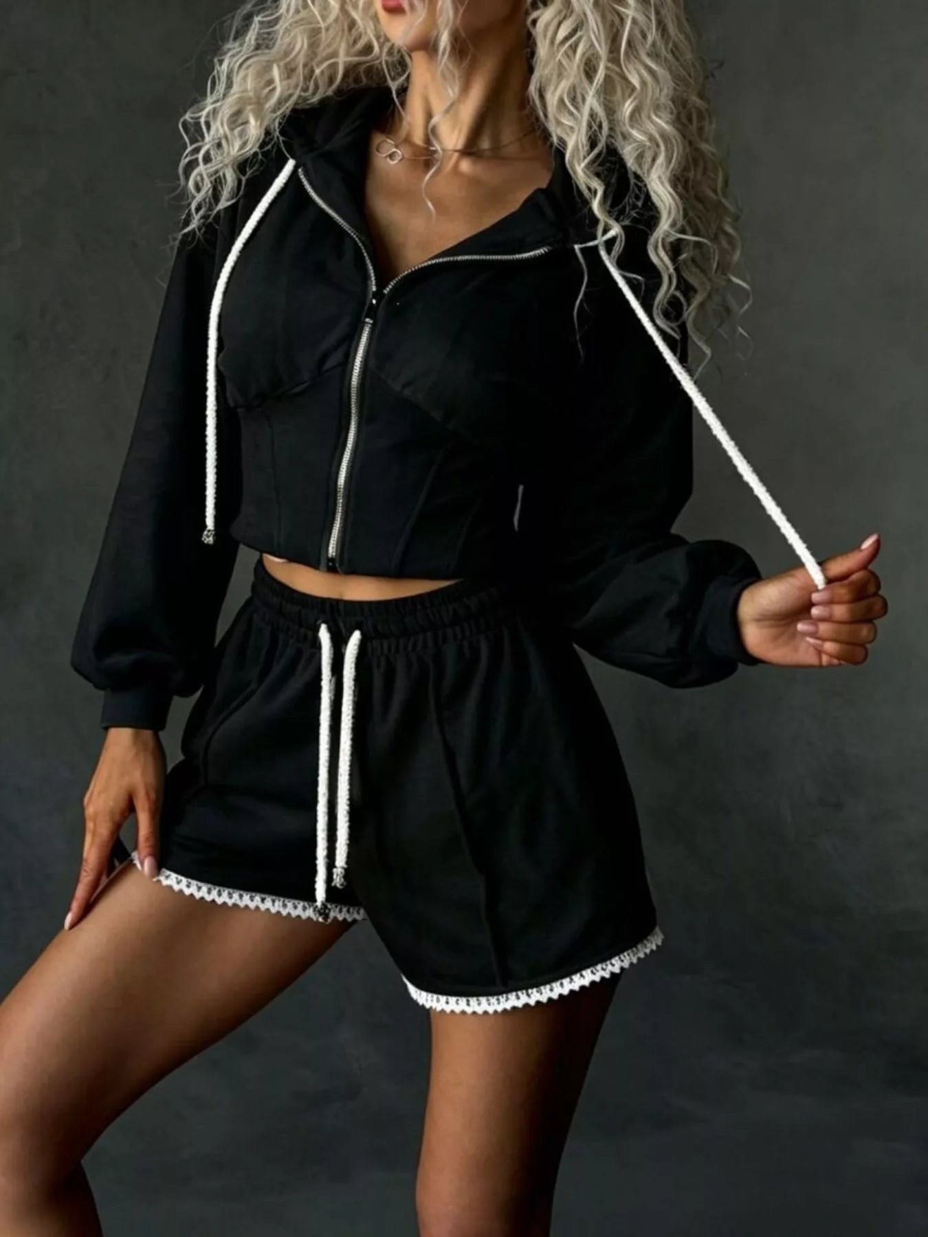Trendsi Drawstring Zip-Up Hoodie and Shorts Set -