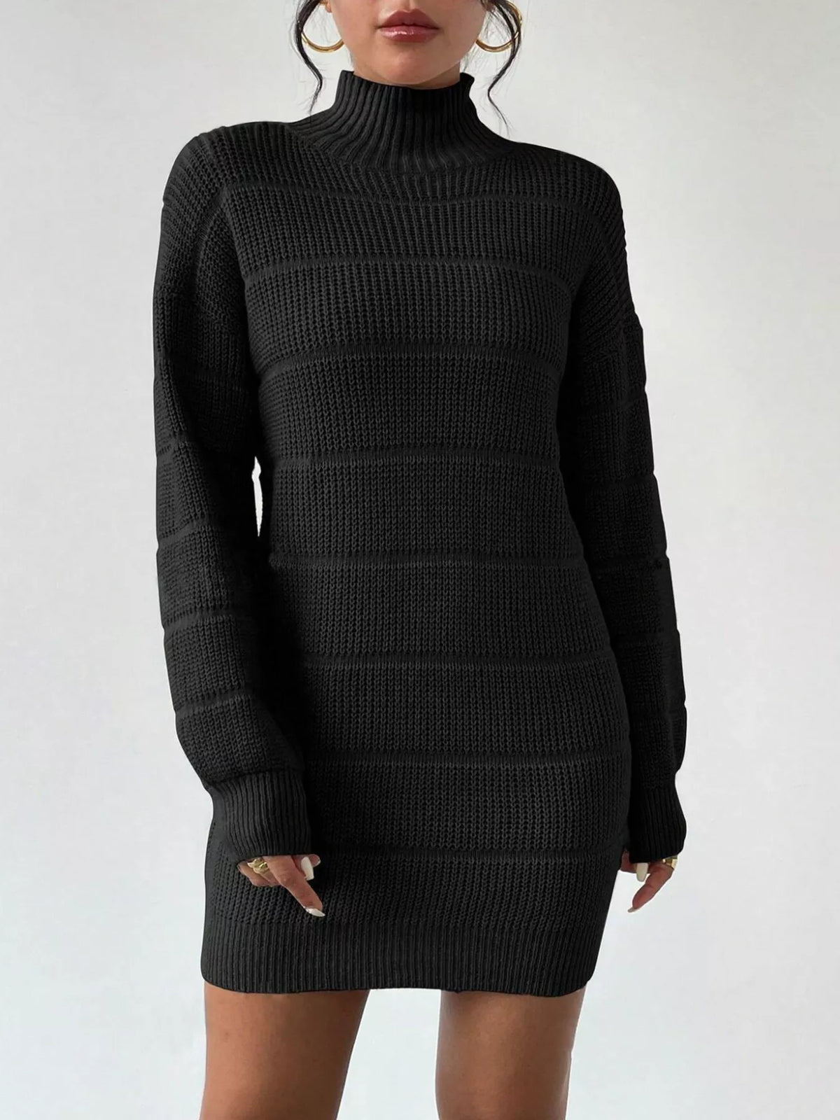 Women's Turtleneck Long Sleeve Sweater Dress in Black, front view