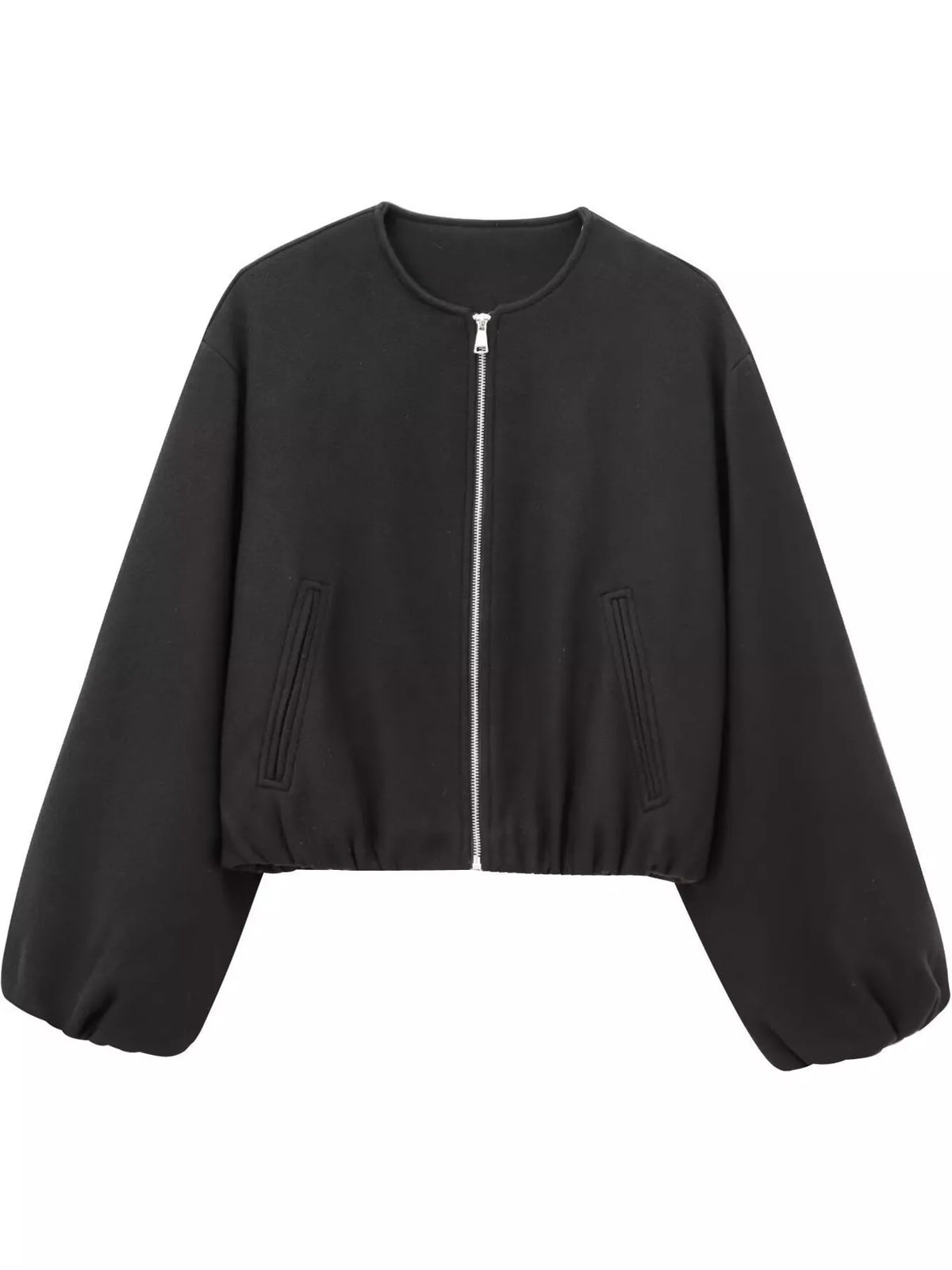 Black zip-up long sleeve jacket — front view