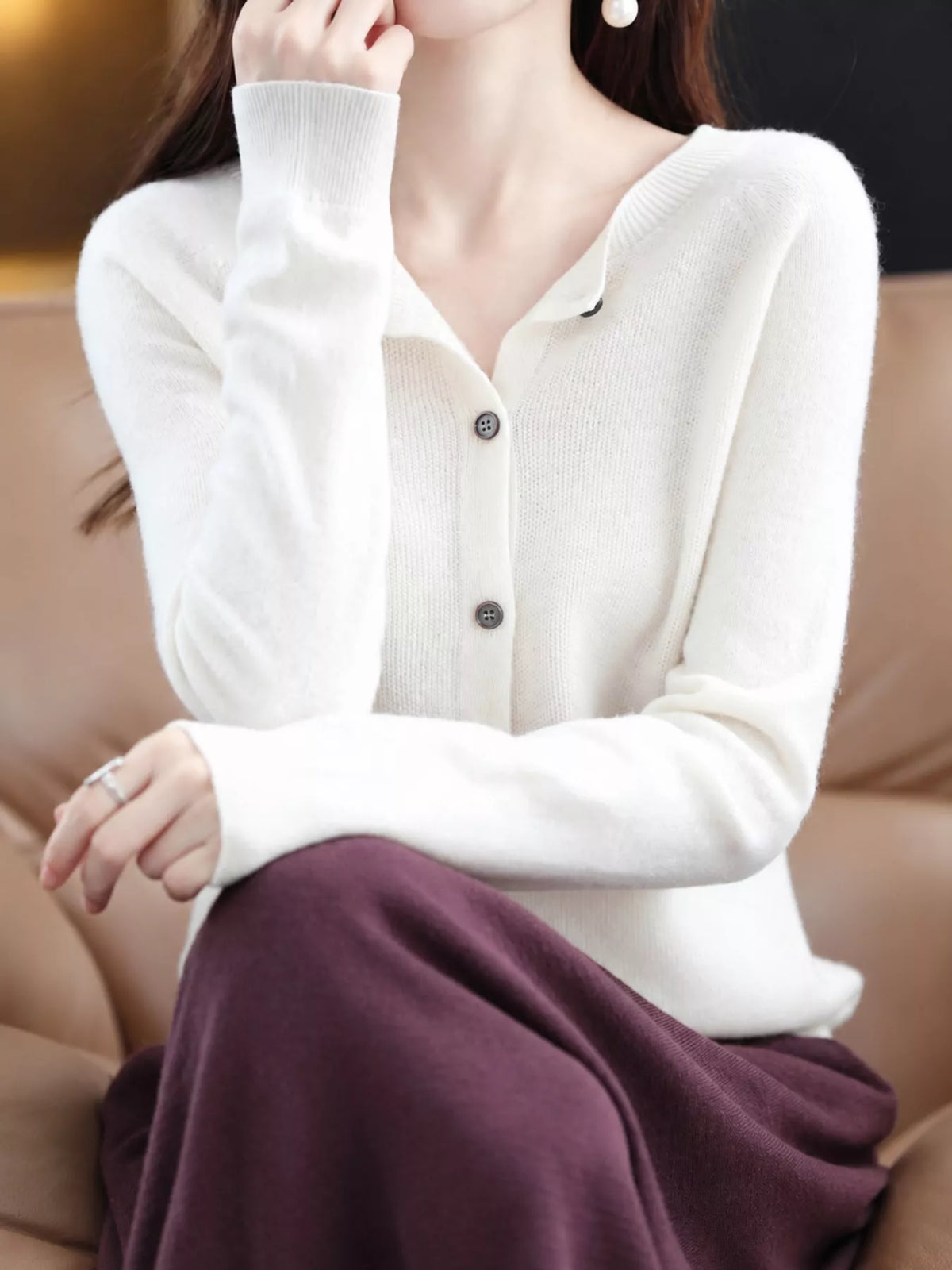 Round neck long sleeve cardigan, front view on model