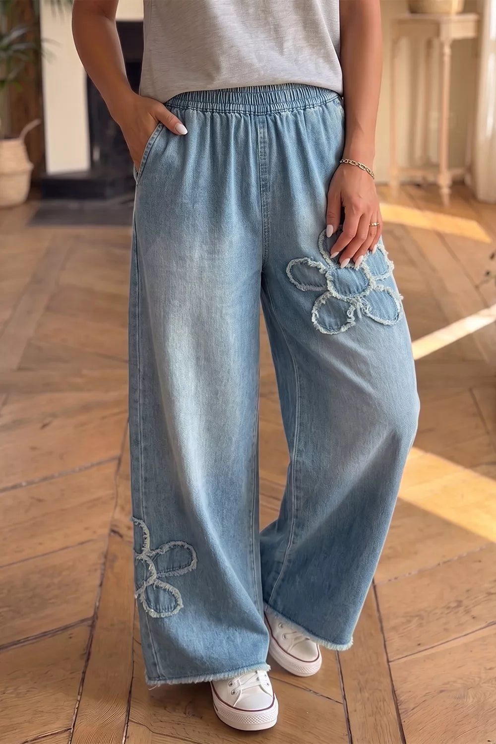 Trendsi Frayed Floral Patch Wide Leg Raw Hem Wide Leg Jeans -