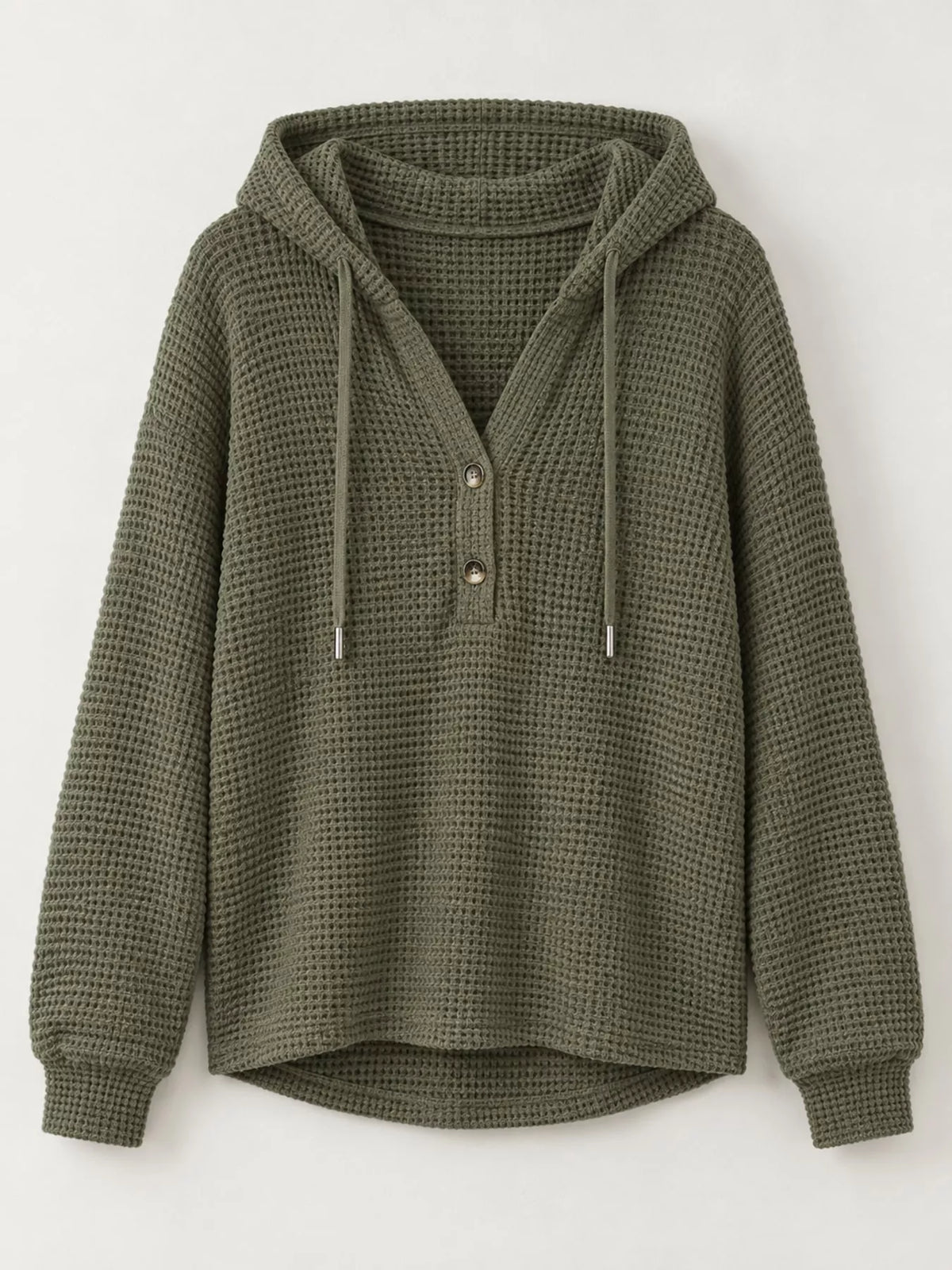 Olive waffle knit button-detail hoodie, product view