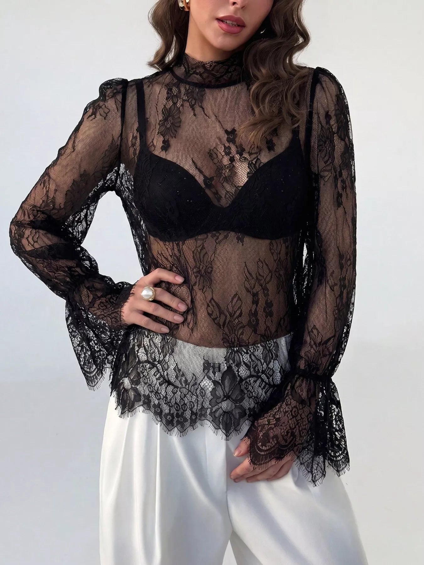 Trendsi Lace Flounce Sleeve Top -