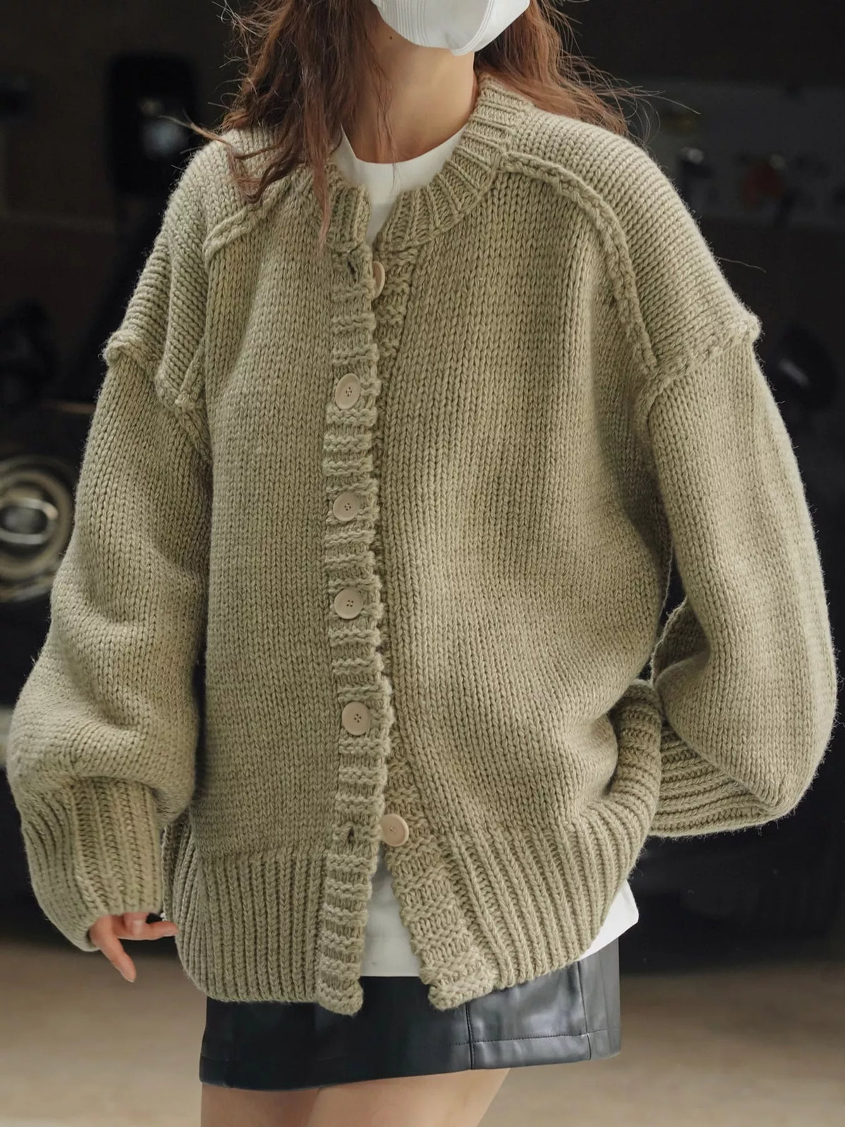 Oversized Chunky Knit Cardigan with Textured Button Placket in green