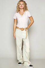 Trendsi POL V-Neck Short Sleeve Ribbed T-Shirt with Contrast Overlock Stitching -