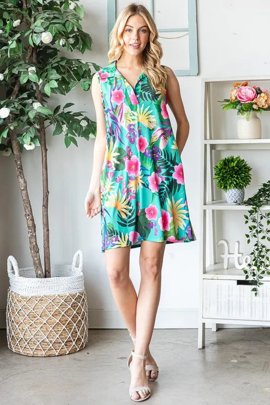Trendsi Heimish Full Size Floral Johnny Collar Sleeveless Dress Plus Size - Dresses