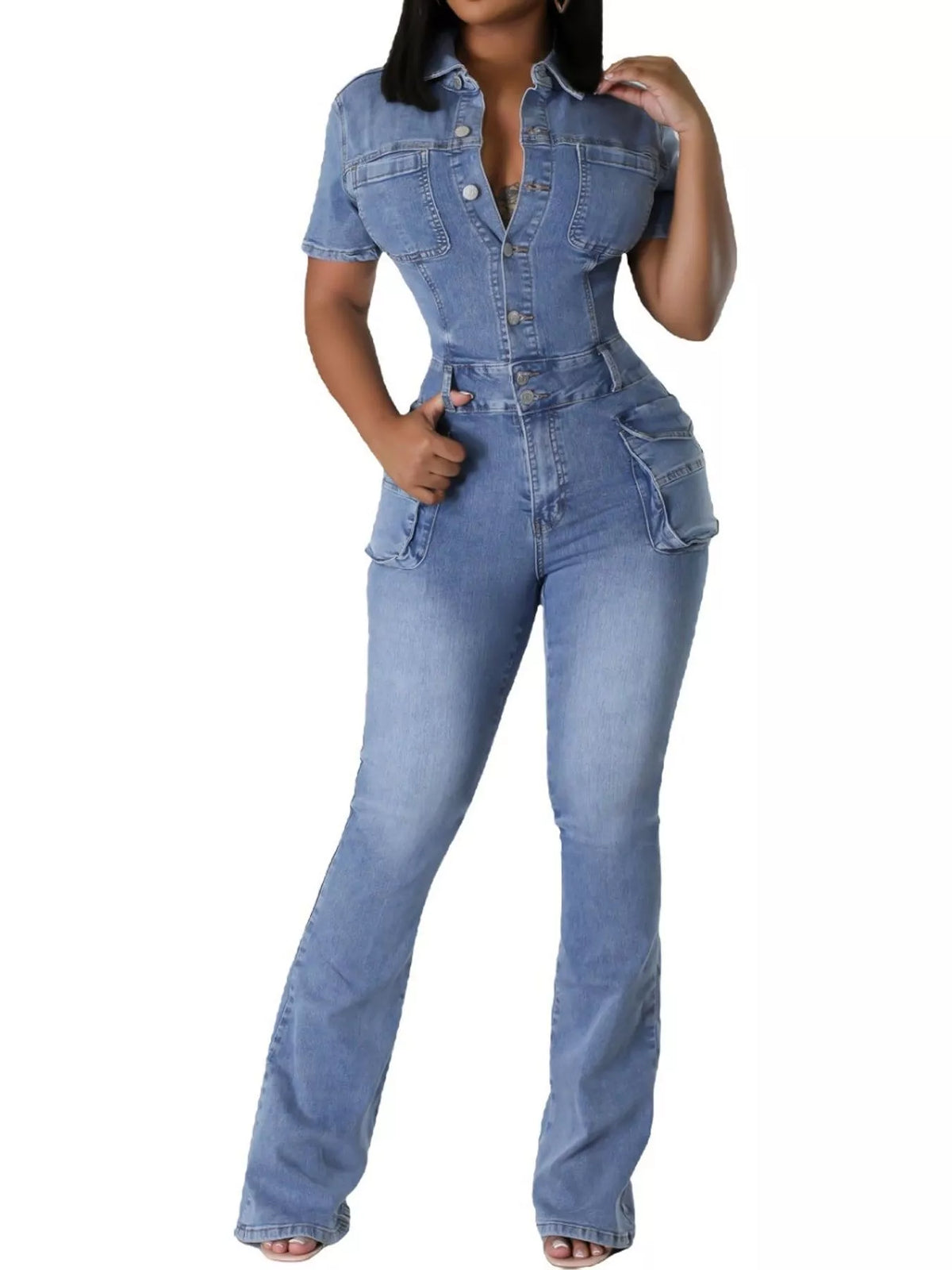 Blue flared denim cargo jumpsuit
