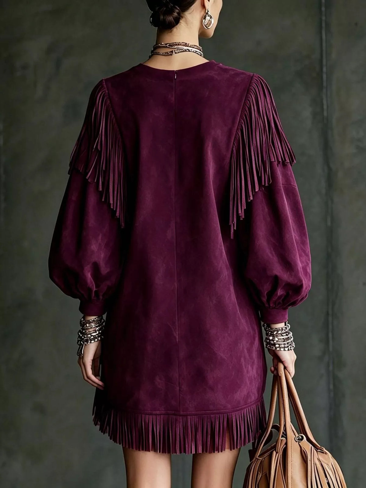 Round neck long sleeve mini dress, back view