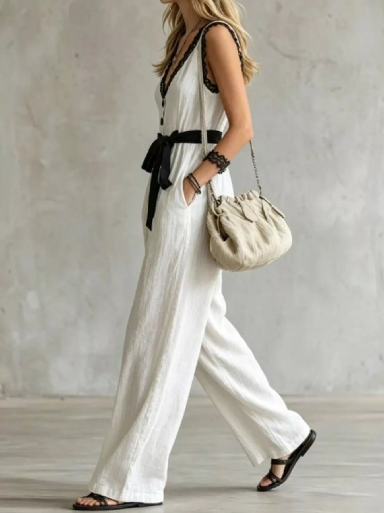 Trendsi Lace Trim Sleeveless Wide Leg Jumpsuit -