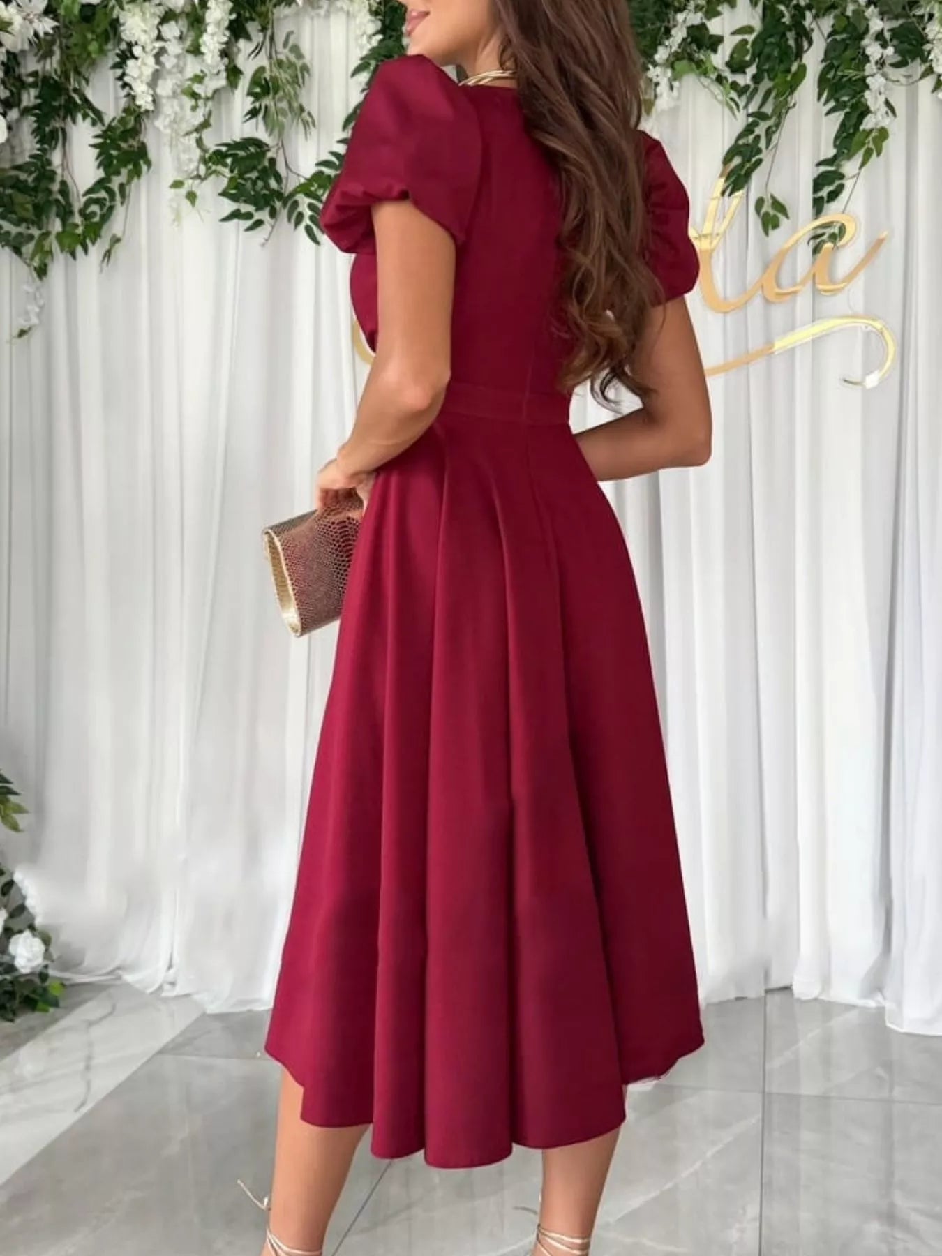 Trendsi Surplice Puff Sleeve Midi Dress -