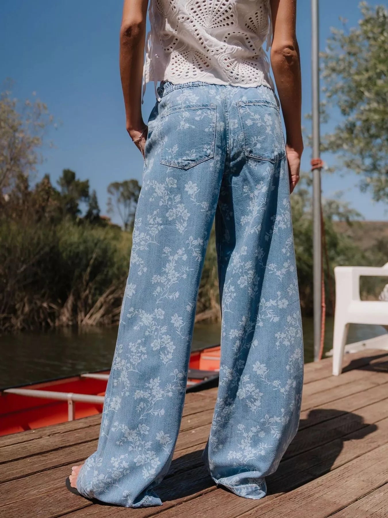 Trendsi Drawstring Floral Wide-Leg Jeans -