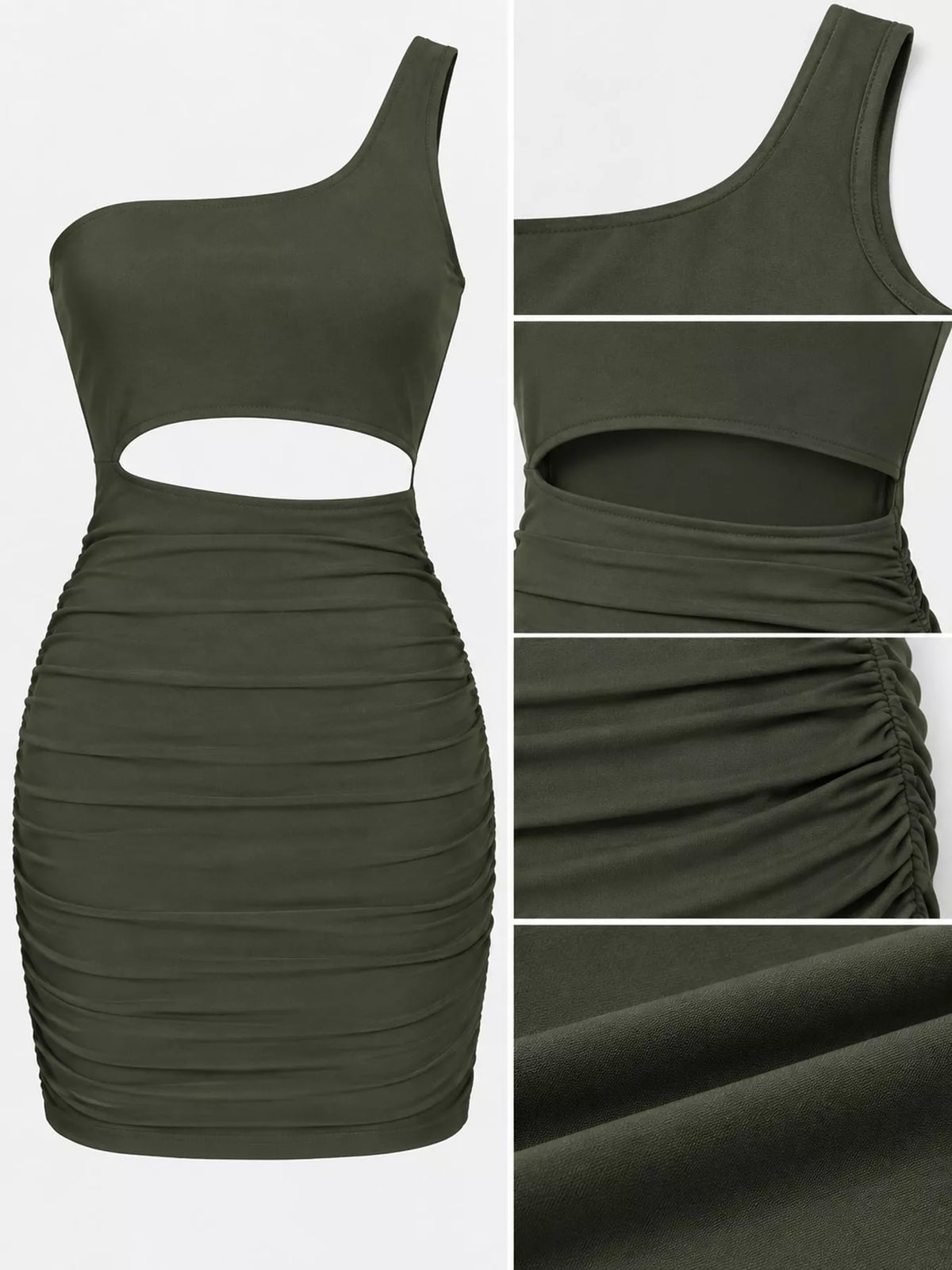 One-shoulder cutout dress, olive detail collage