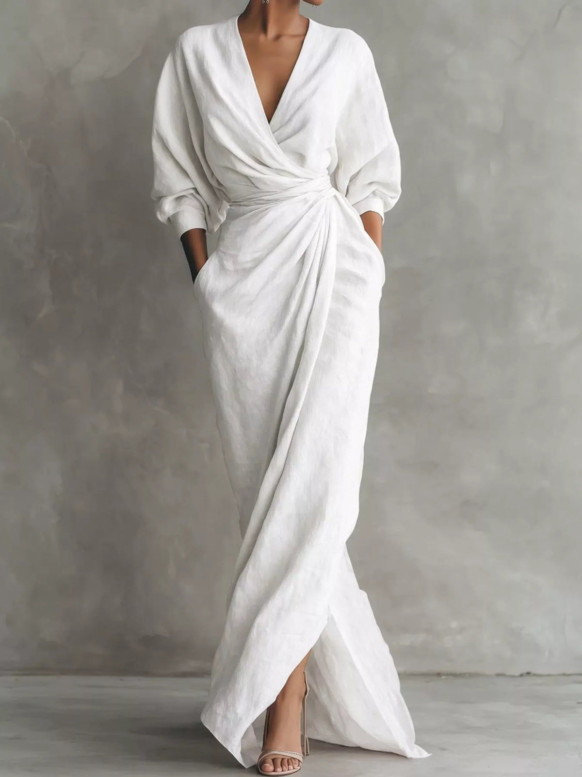 V-neck 3/4 sleeve maxi dress, front view on model