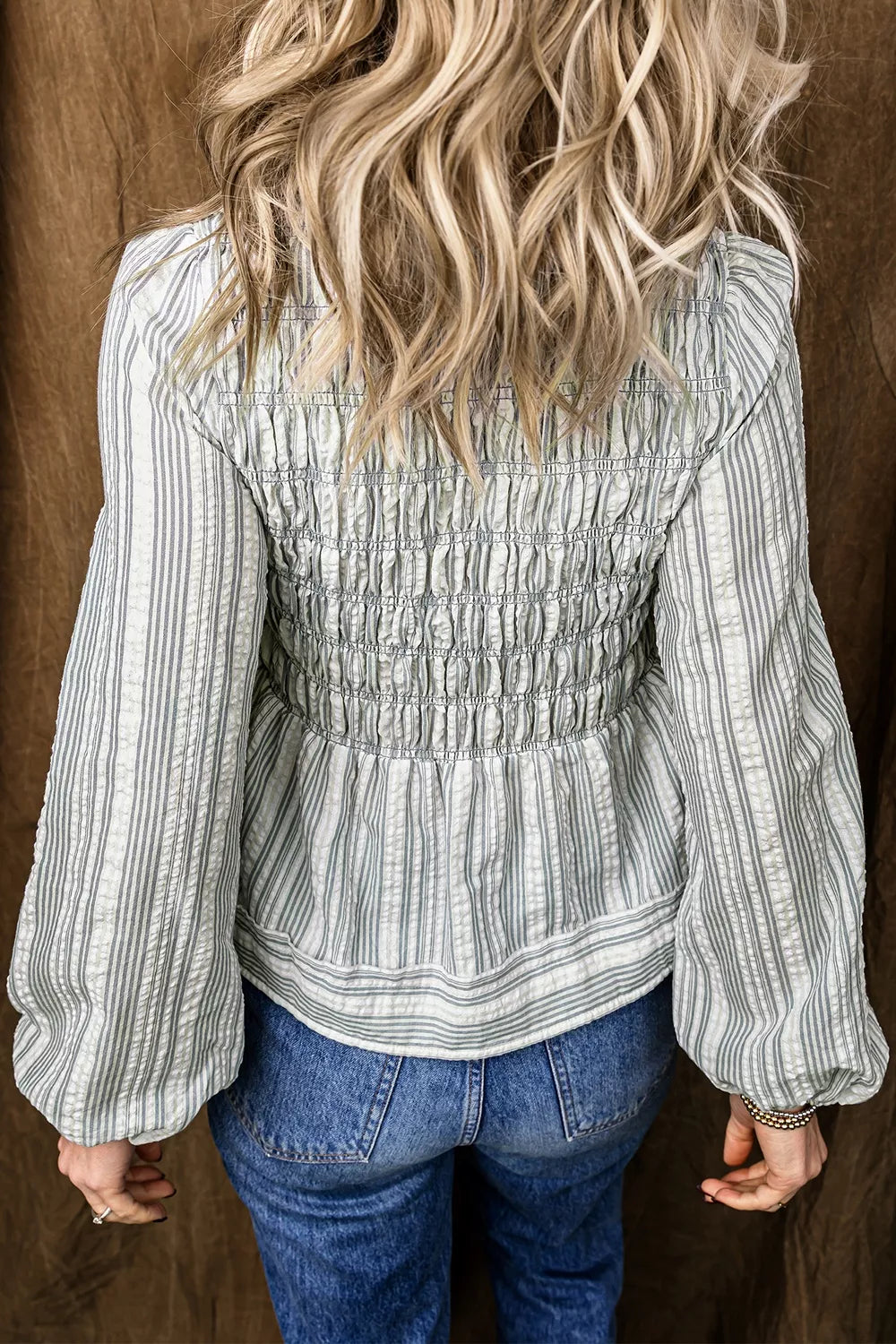 Trendsi Stripe V Neck Shirred Long Sleeve Blouse -