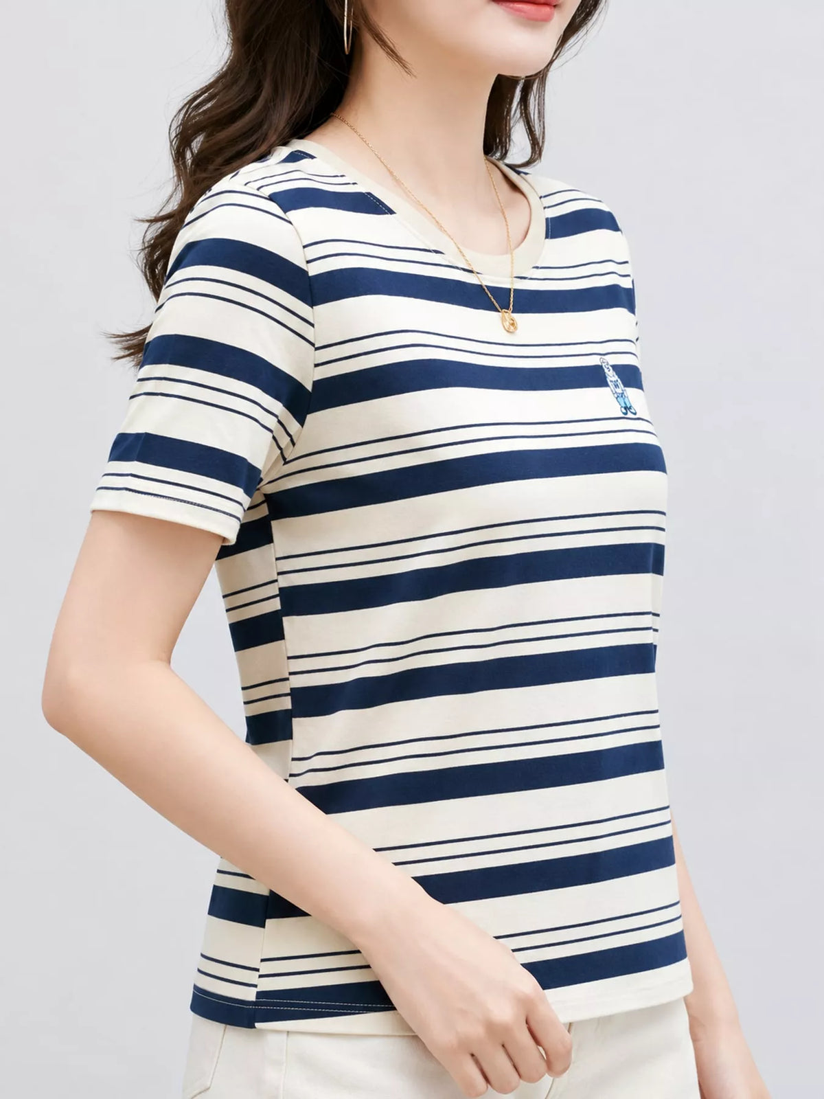 Navy and white striped crew neck embroidered t-shirt