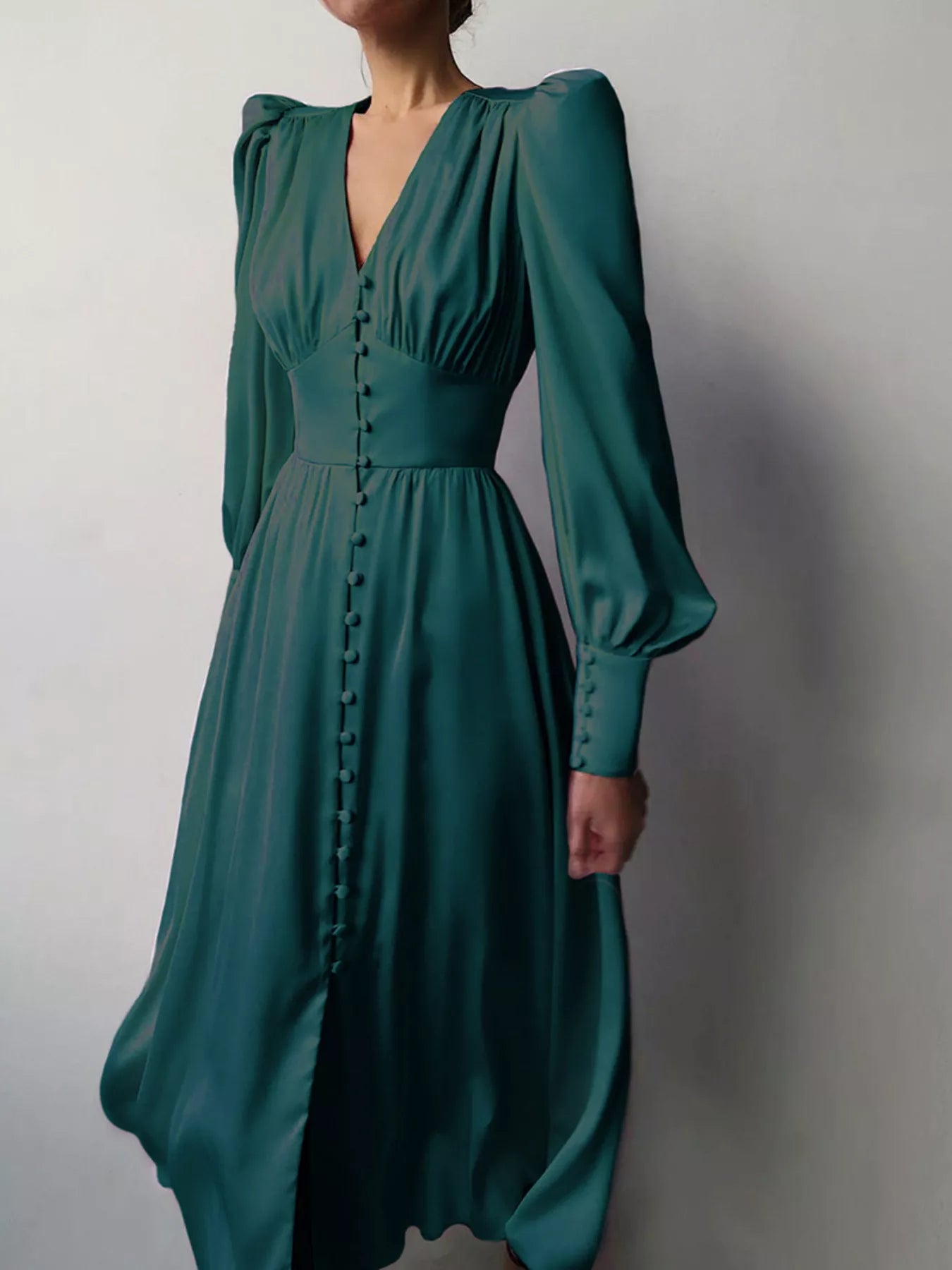 Trendsi Elegant V-Neck Puff Sleeve Button-Down Midi Dress -