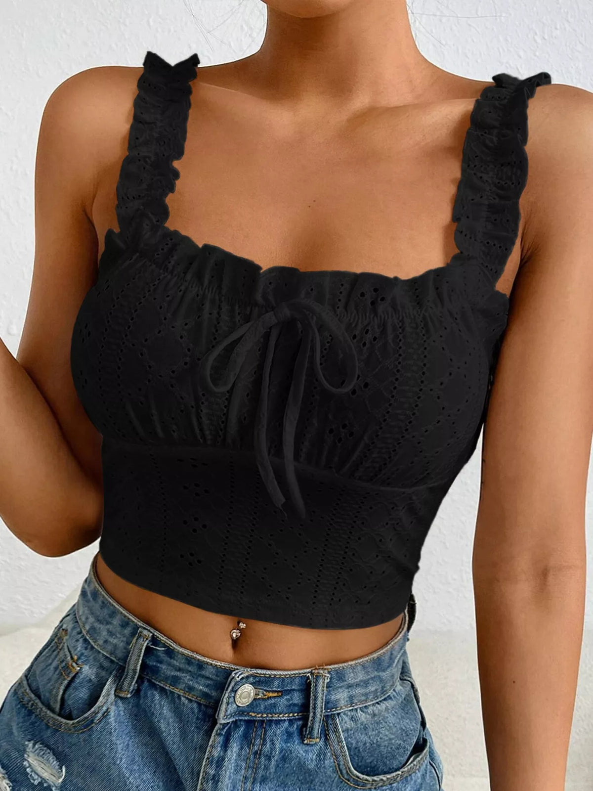 Eyelet tie-front tank, black front