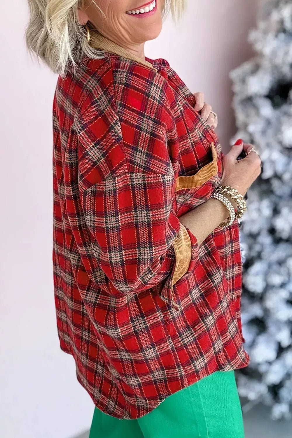 Women's Plaid Corduroy Trim Dropped Shoulder Shacket in Scarlet, alternate view