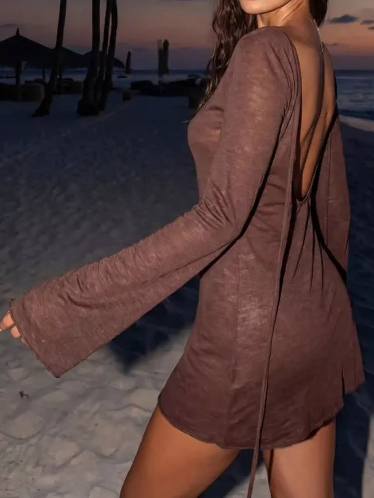 Brown flare sleeve bodycon mini dress — back view