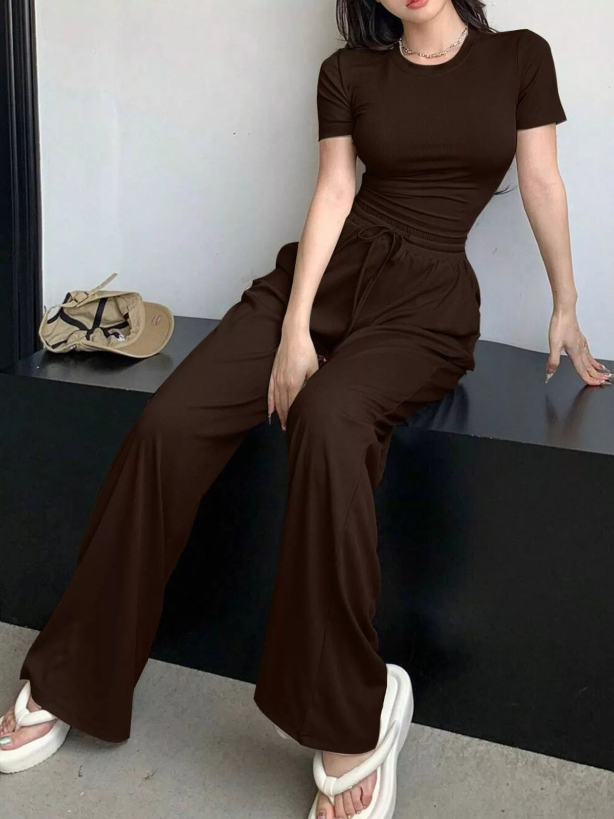 Trendsi Solid Color Short Sleeve Crop Top and Wide Leg Pants Set -