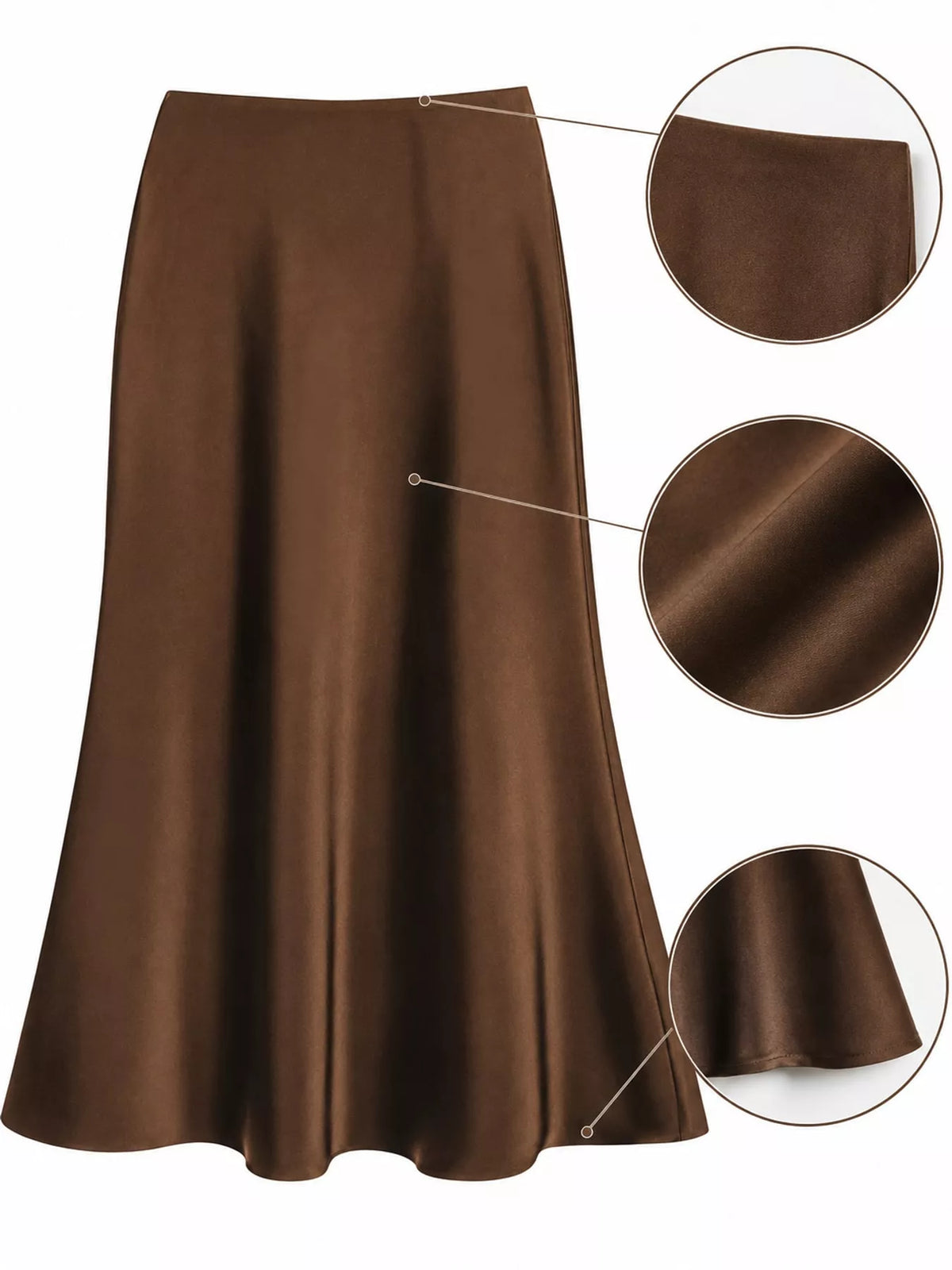 Zip-up satin skirt, brown waist fabric and hem details