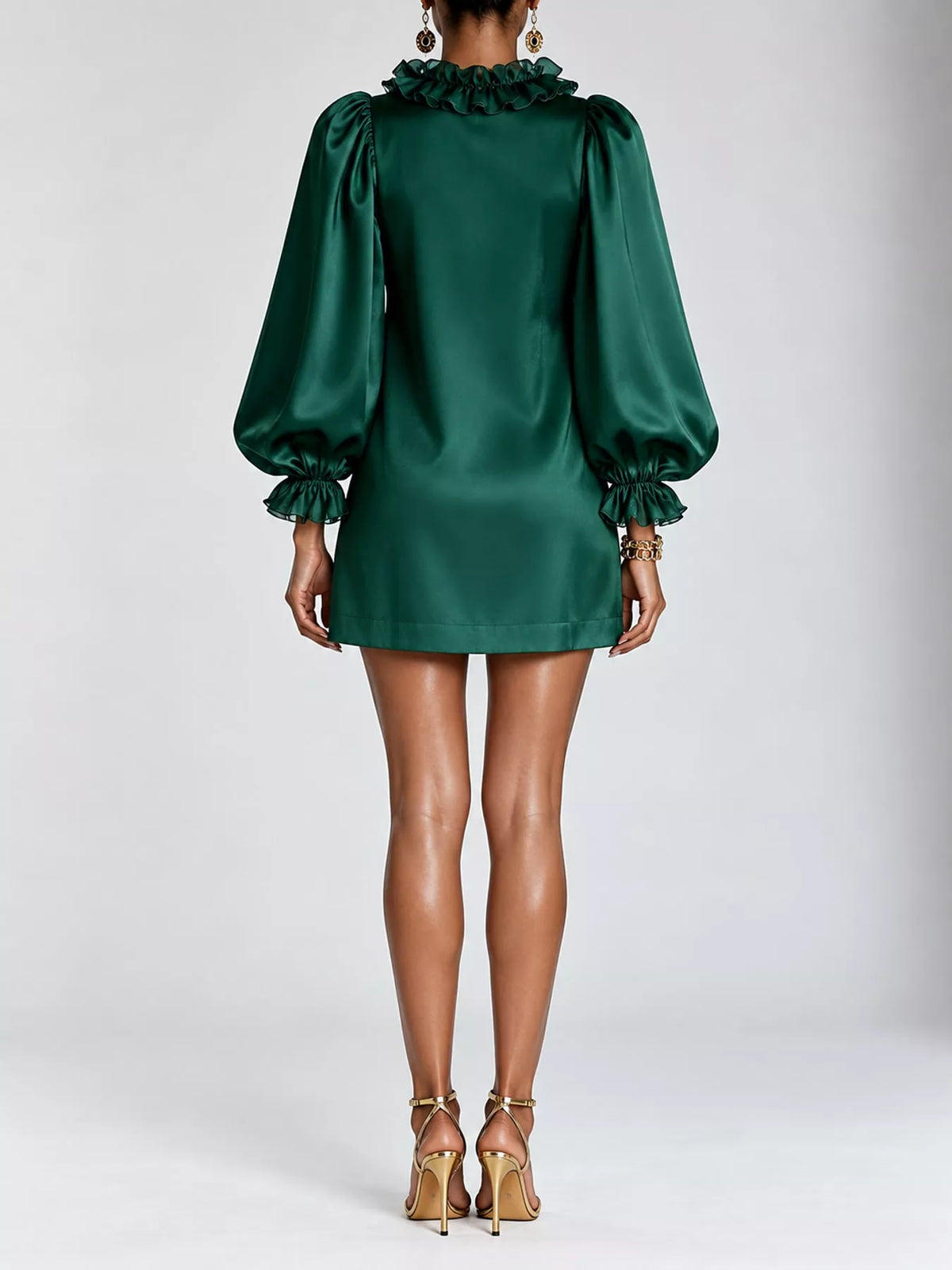 Ruffle Trim Puff Sleeve Mini Dress in green, back view