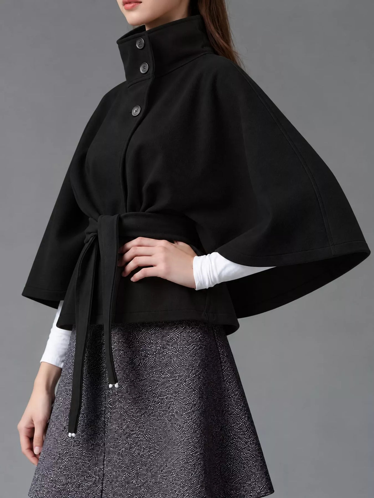 Black belted button-front cape — side view