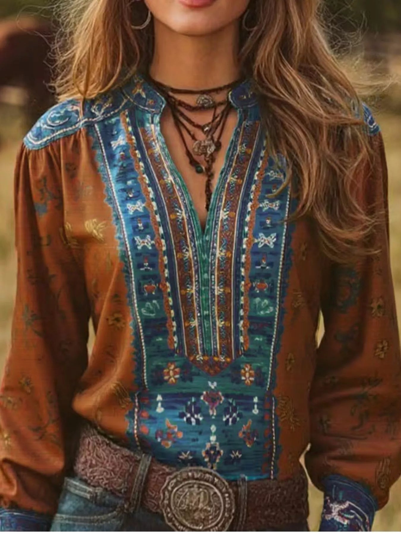 Trendsi Printed Notched Long Sleeve Blouse -