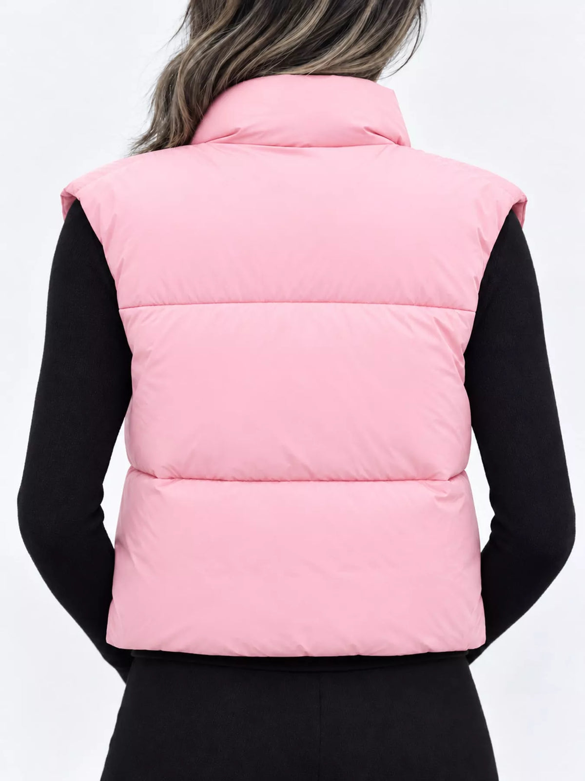 Cropped Zip-Up Puffer Vest in pink, back view