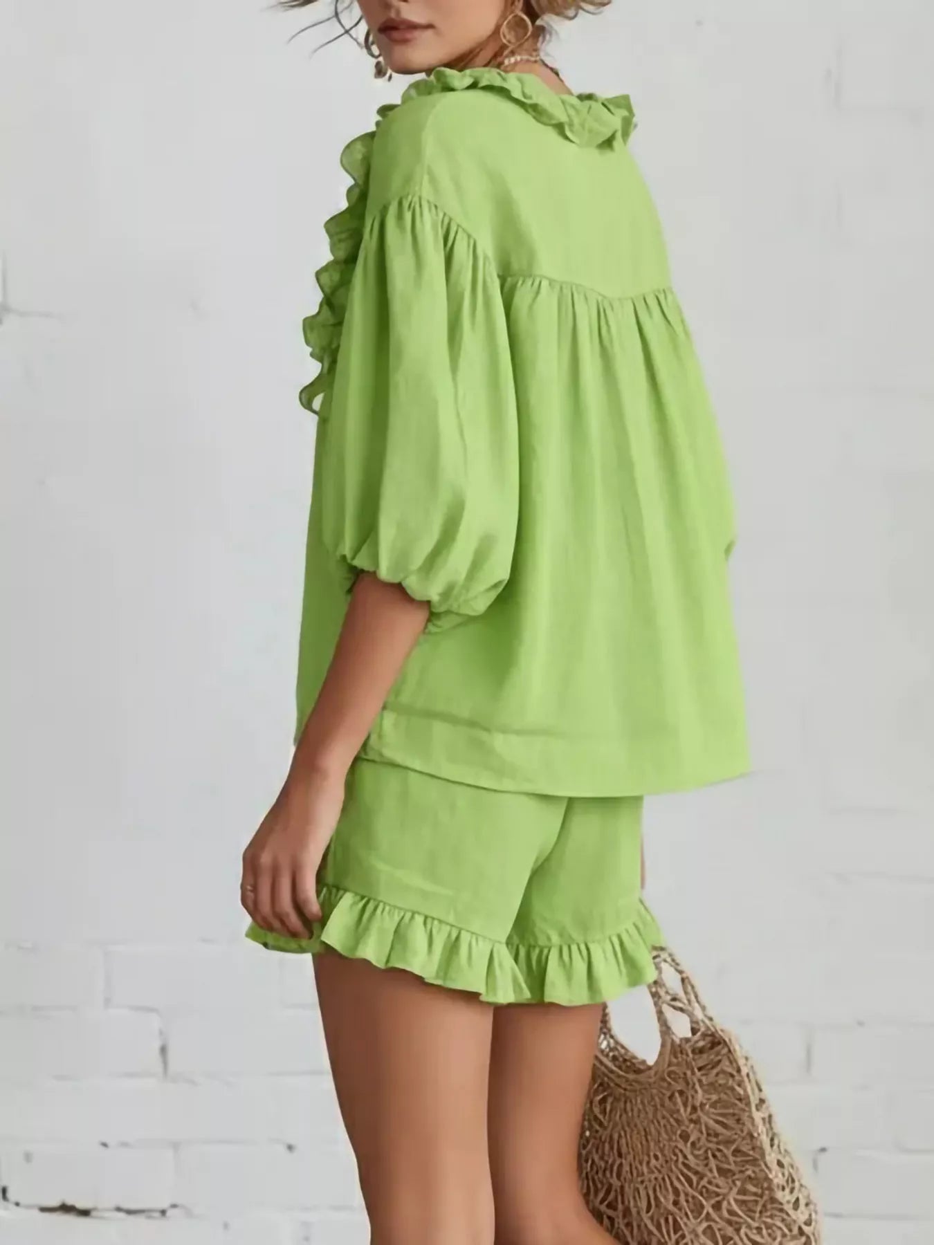 Trendsi Ruffled V-Neck Blouse and Shorts Set -
