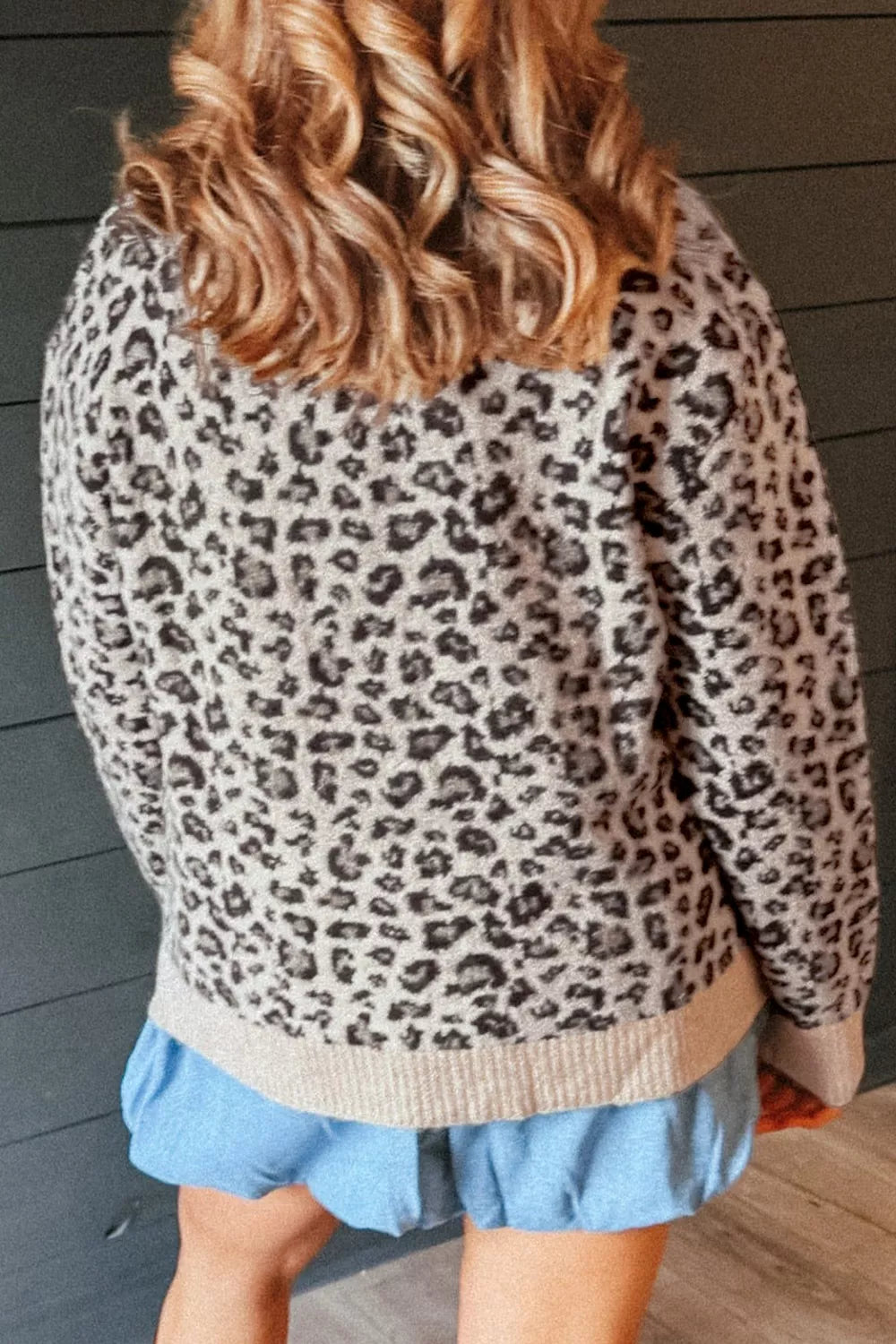 Brown Leopard Print Crew Neck Pullover Sweater back view