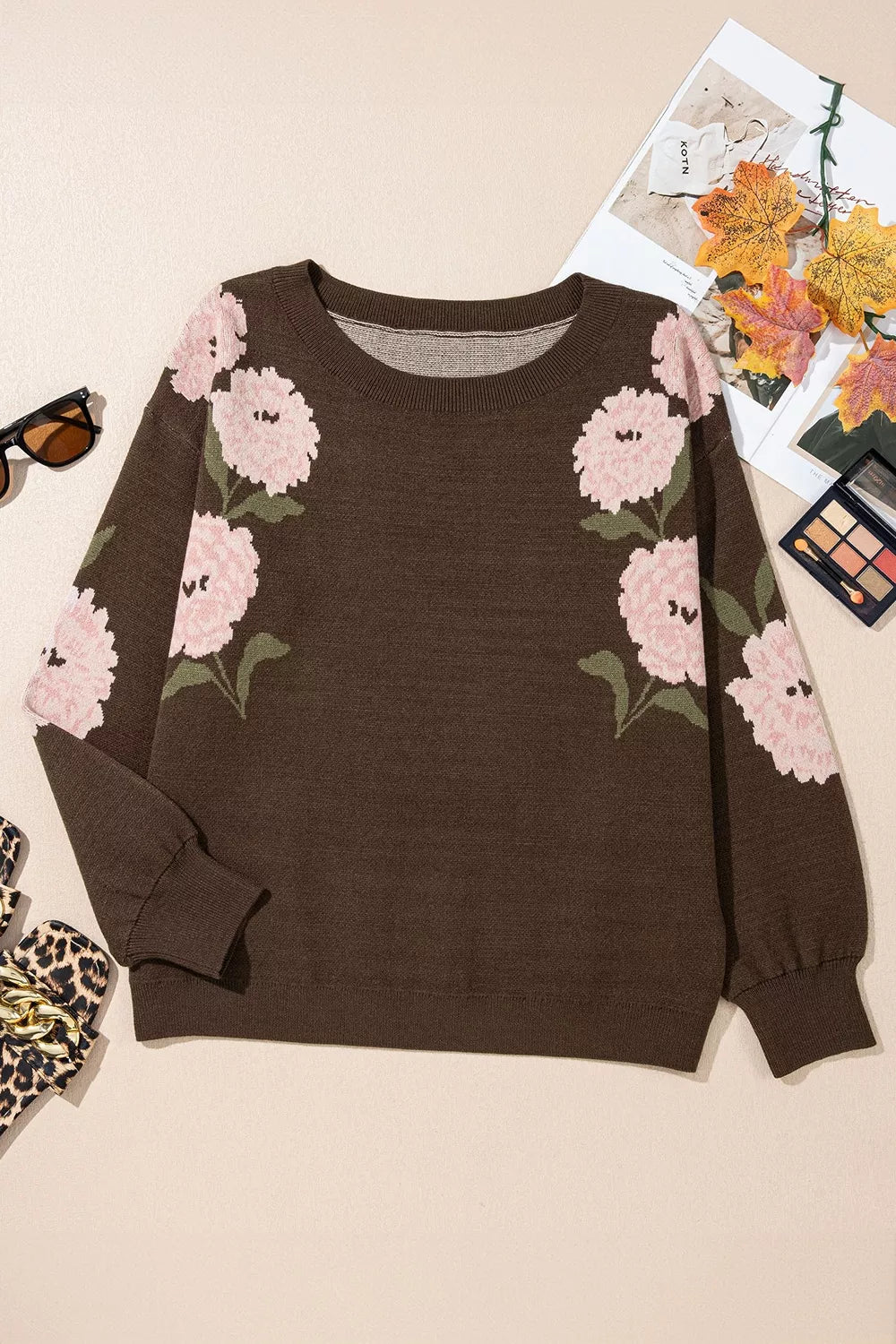 Trendsi Floral Print Drop Shoulder Relaxed Sweater -