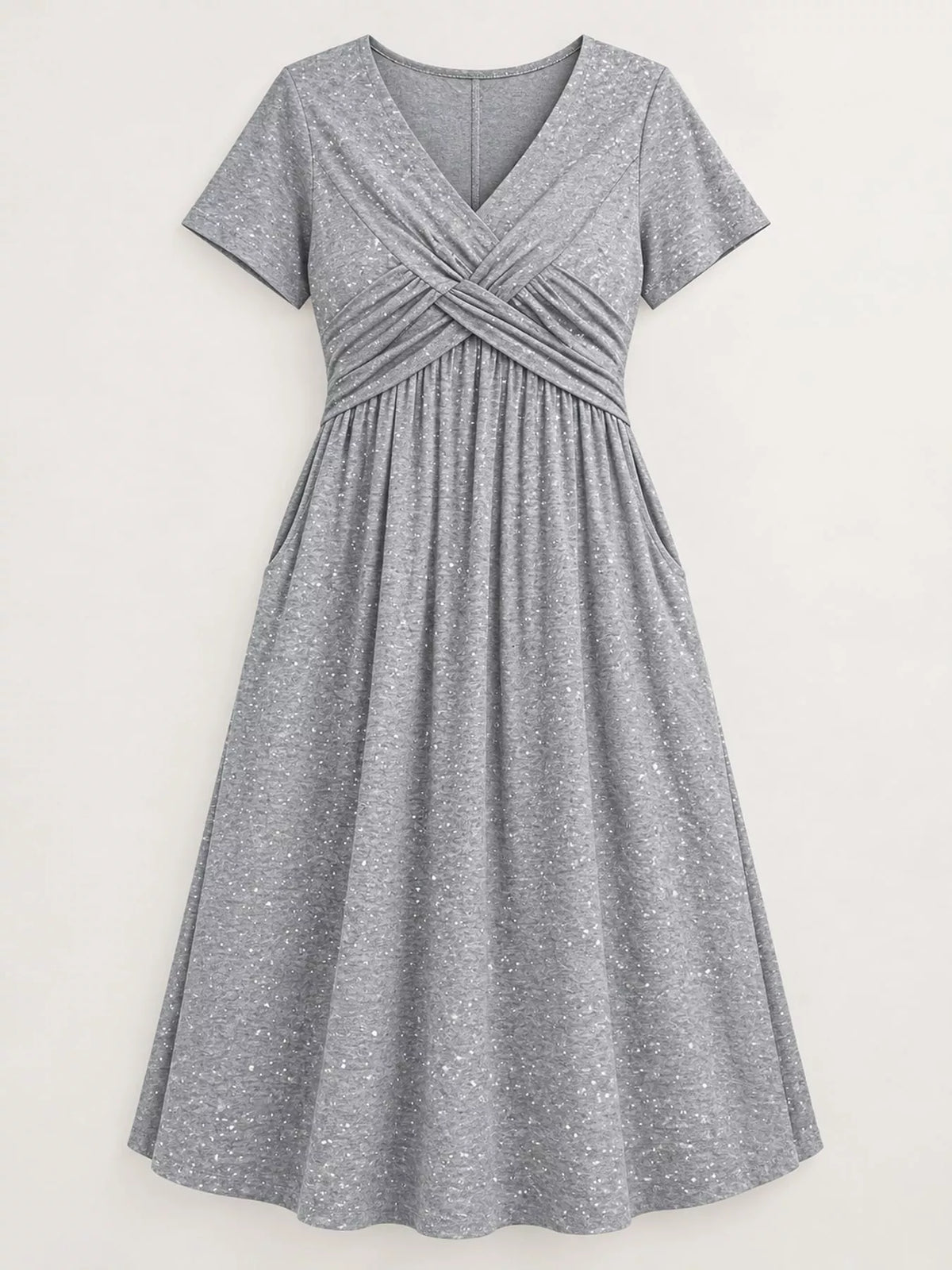 Gray speckled short sleeve midi dress with pockets, front on hanger