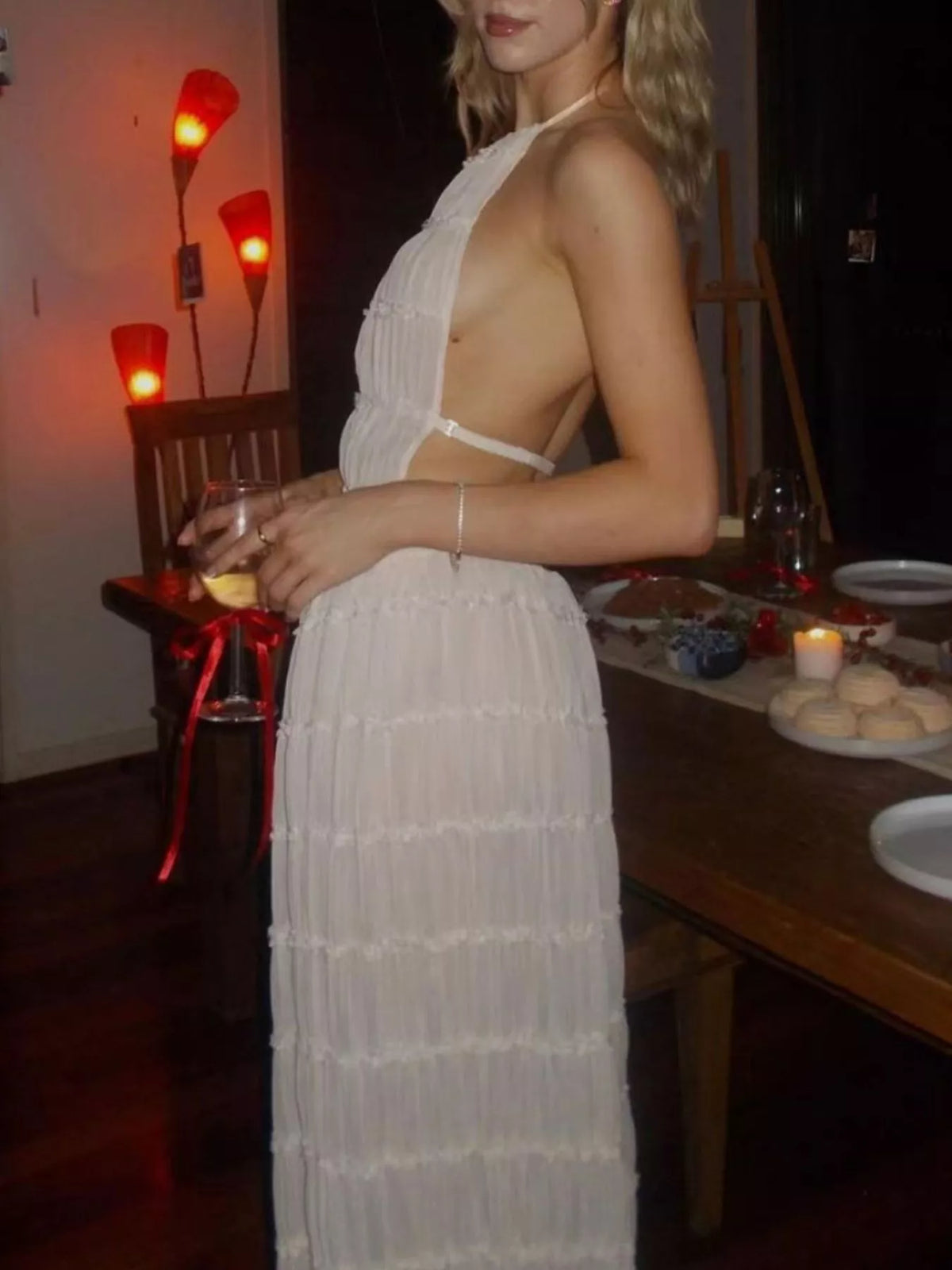 Halter top and skirt set, white set side tie
