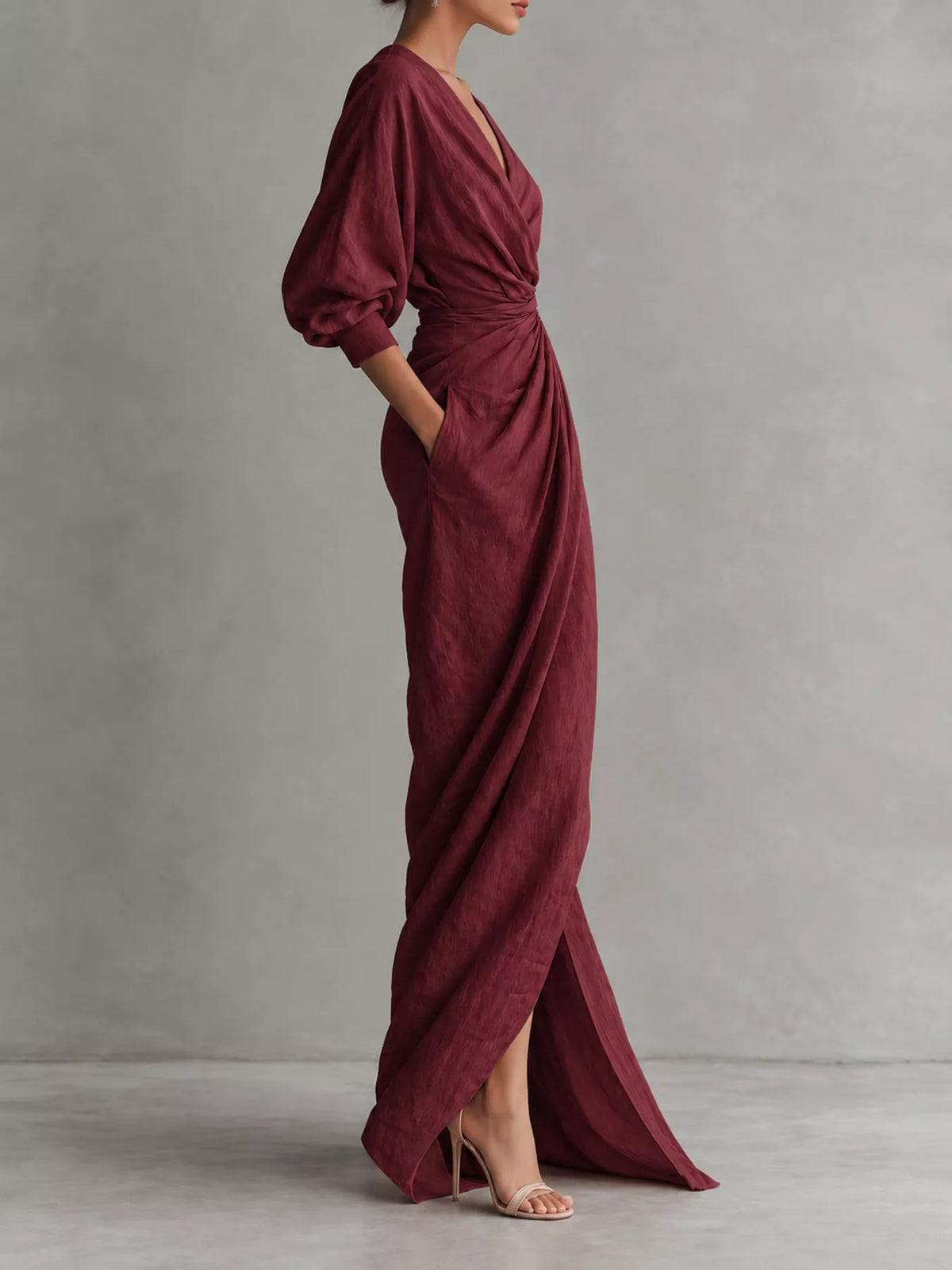 V-neck 3/4 sleeve maxi dress, side view