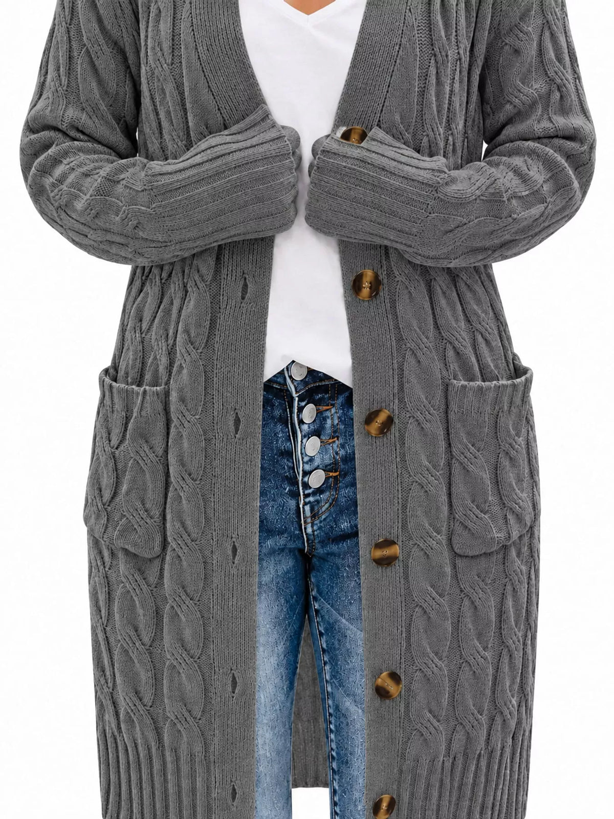 Cable Knit Button-Down Cardigan with Pockets — garment construction details