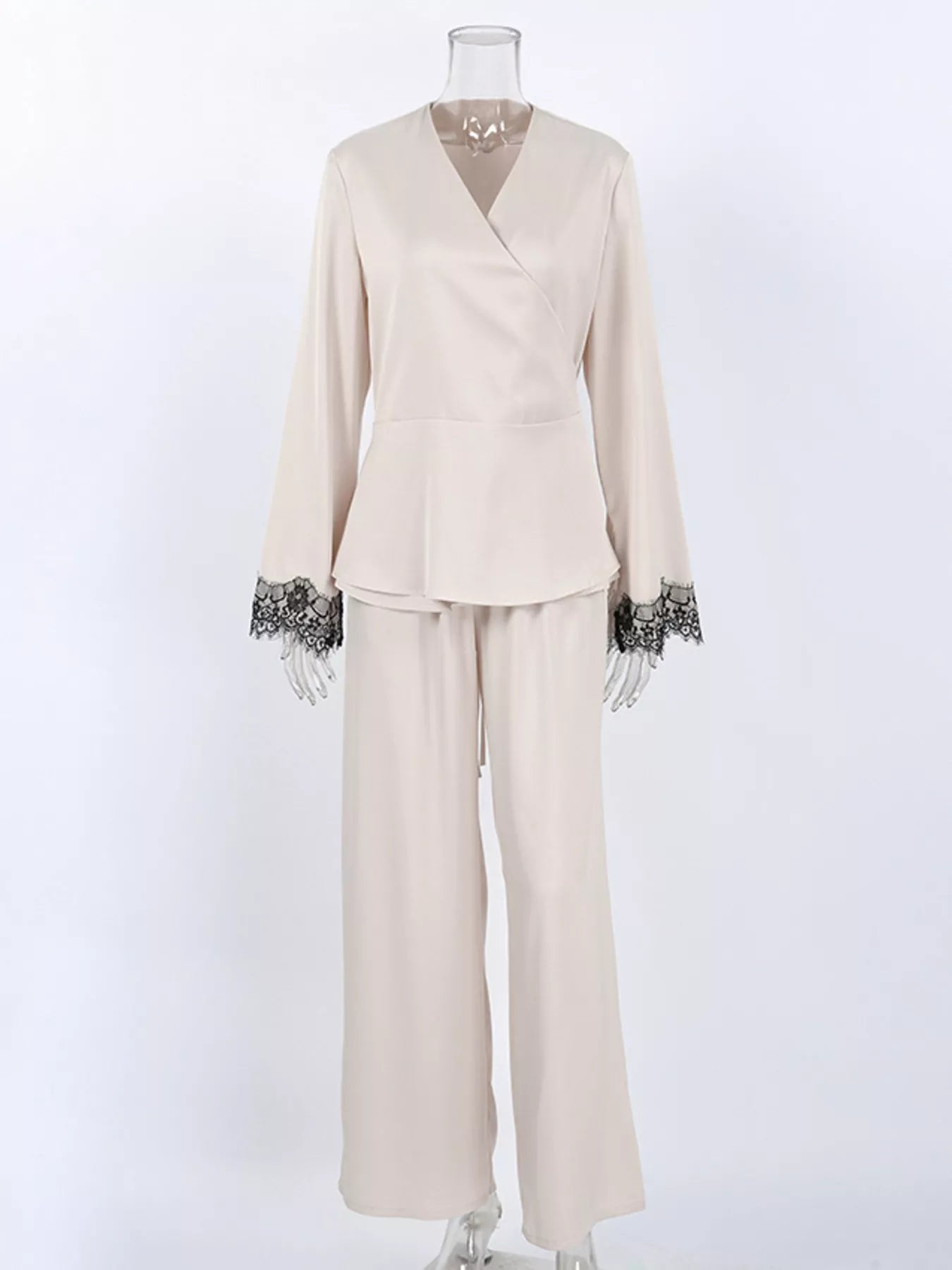 Trendsi Lace Trim Wrap Top and Pants Set -