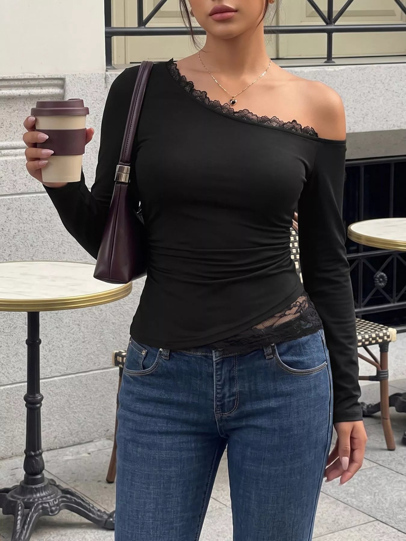 Trendsi One-Shoulder Lace Trim Slim Fit T-Shirt -