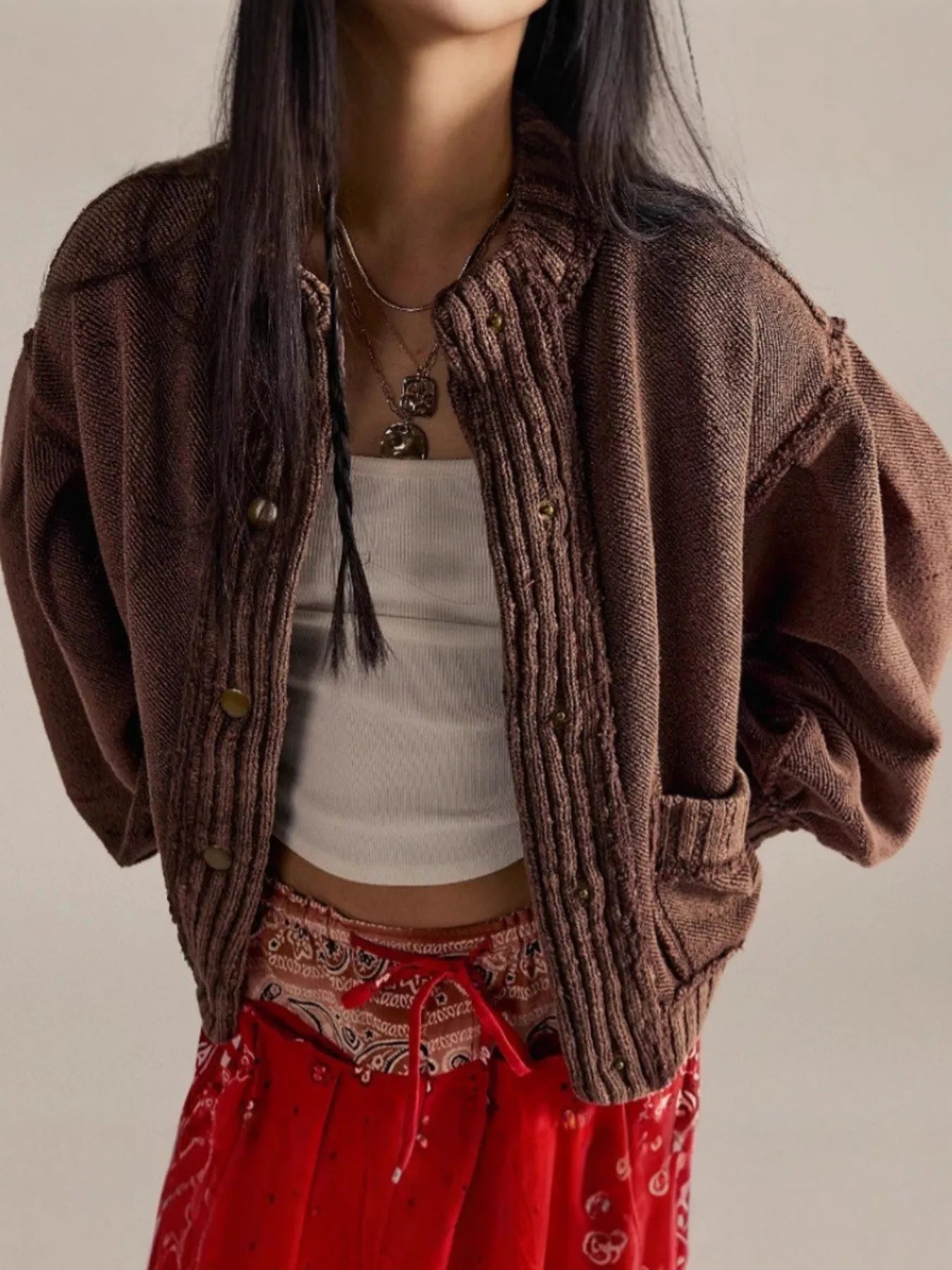 Trendsi Snap Down Dropped Shoulder Cardigan -